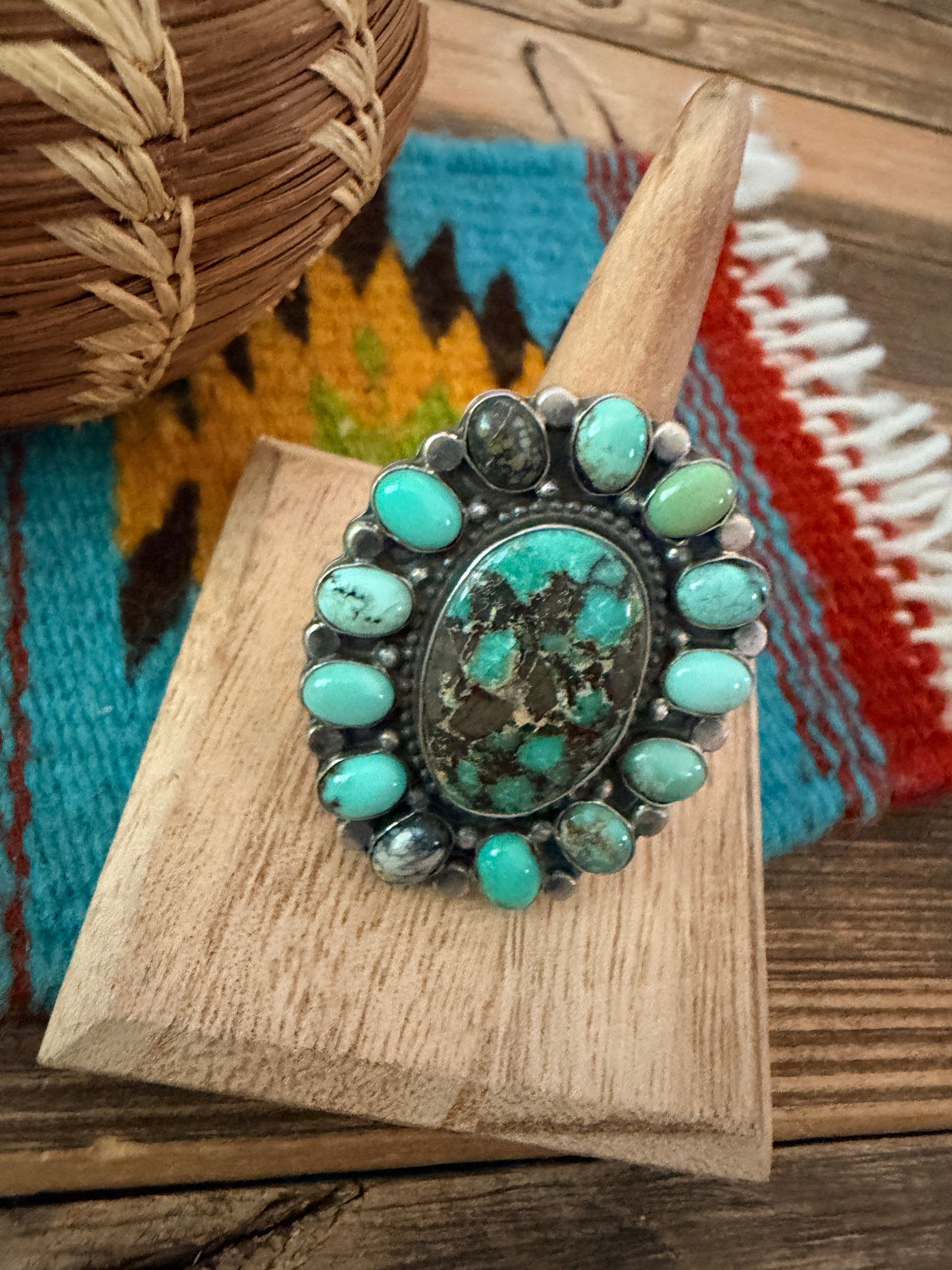 Handcrafted Multi Turquoise & Sterling Silver Cluster Ring by Sheila Becenti Size 8.25