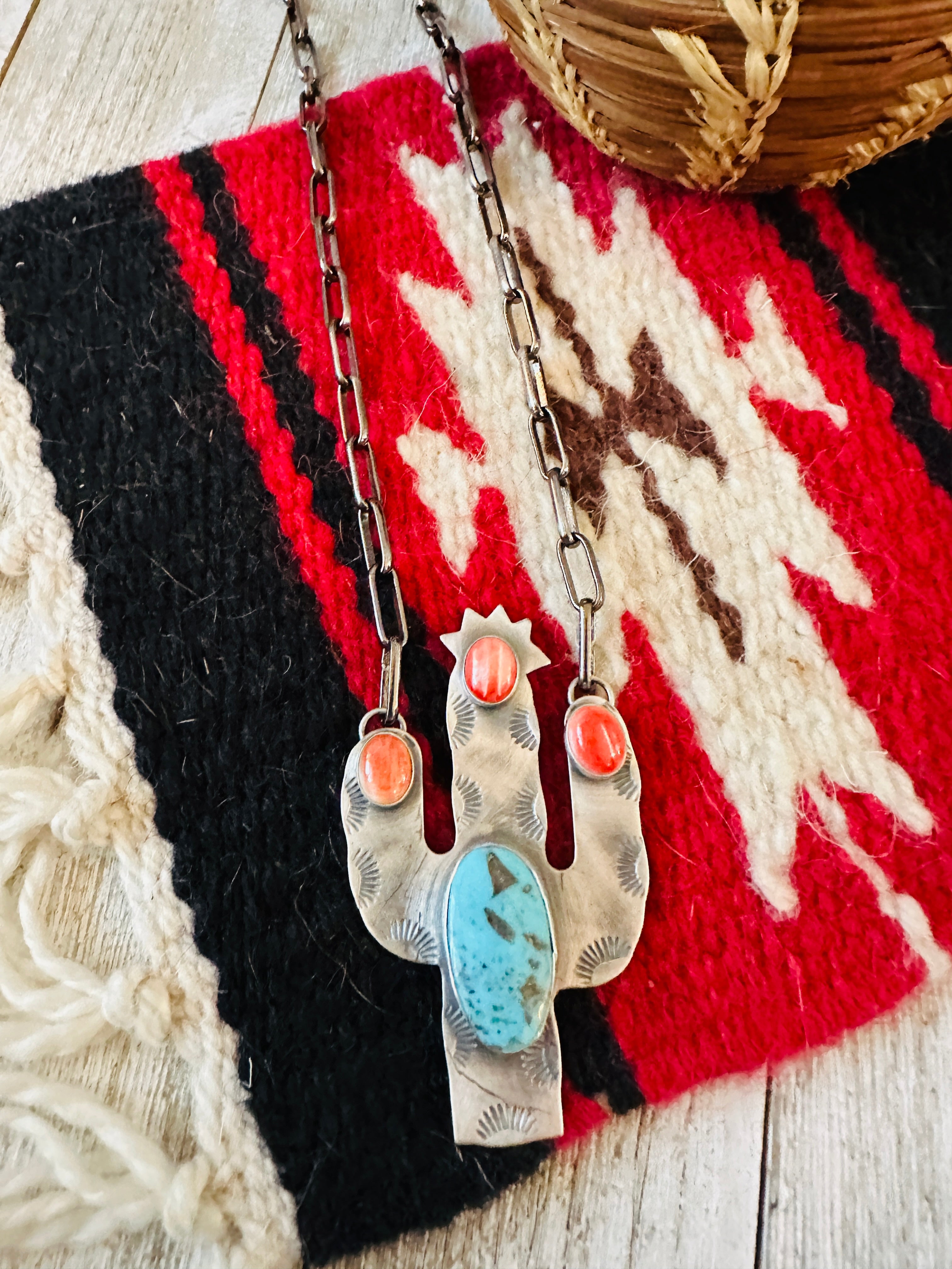 Handcrafted Sterling Silver, Turquoise & Spiny Cactus Necklace