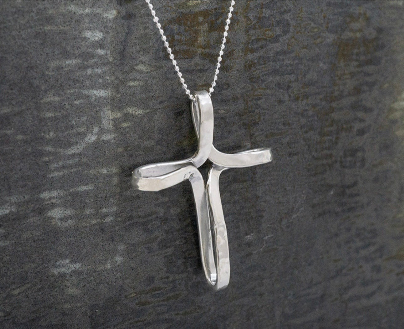Large Hammered Ribbon Cross Sterling Silver Pendant Necklace