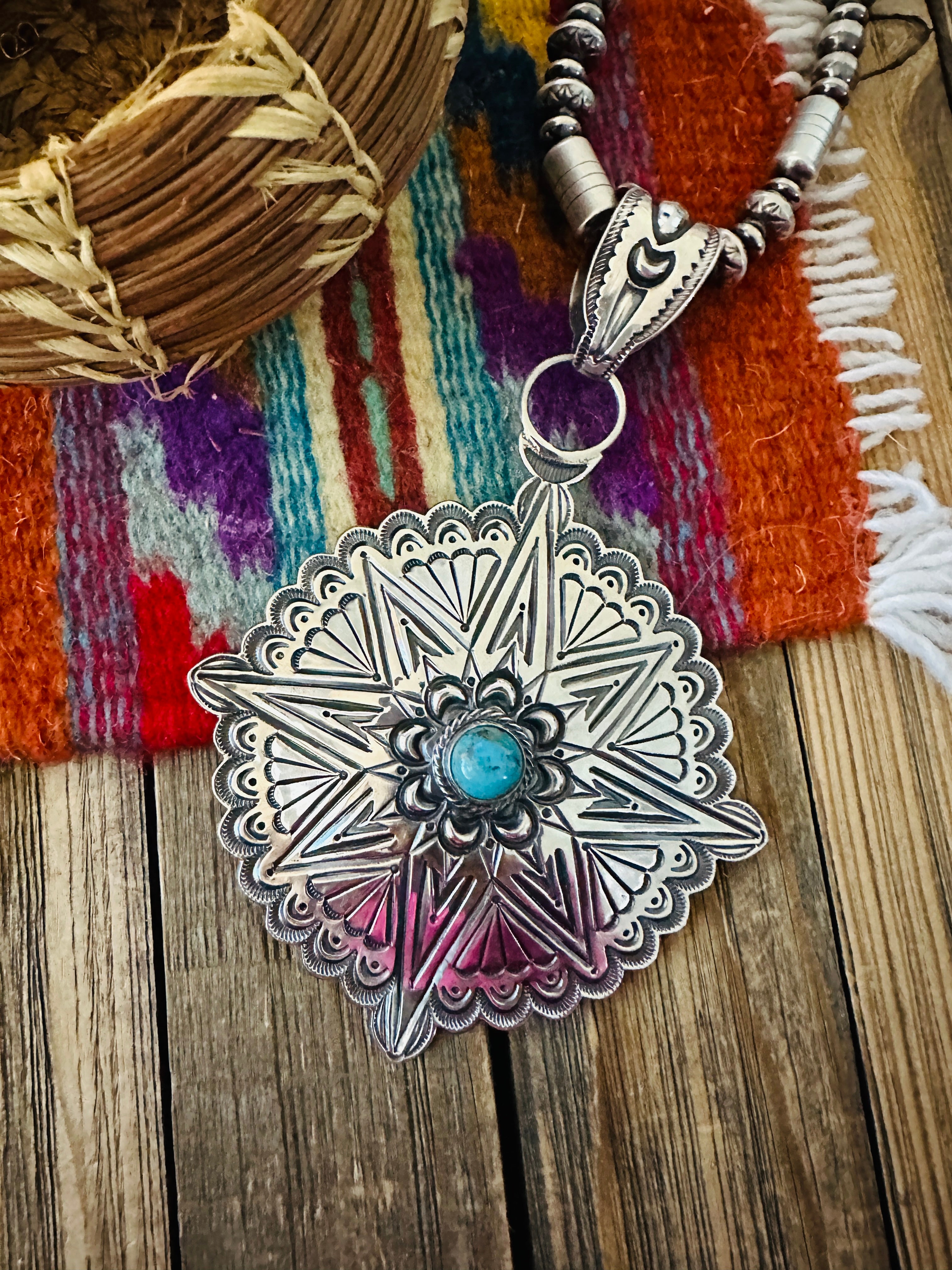 Handcrafted Turquoise & Sterling Silver Concho Pendant by Roland Dixson
