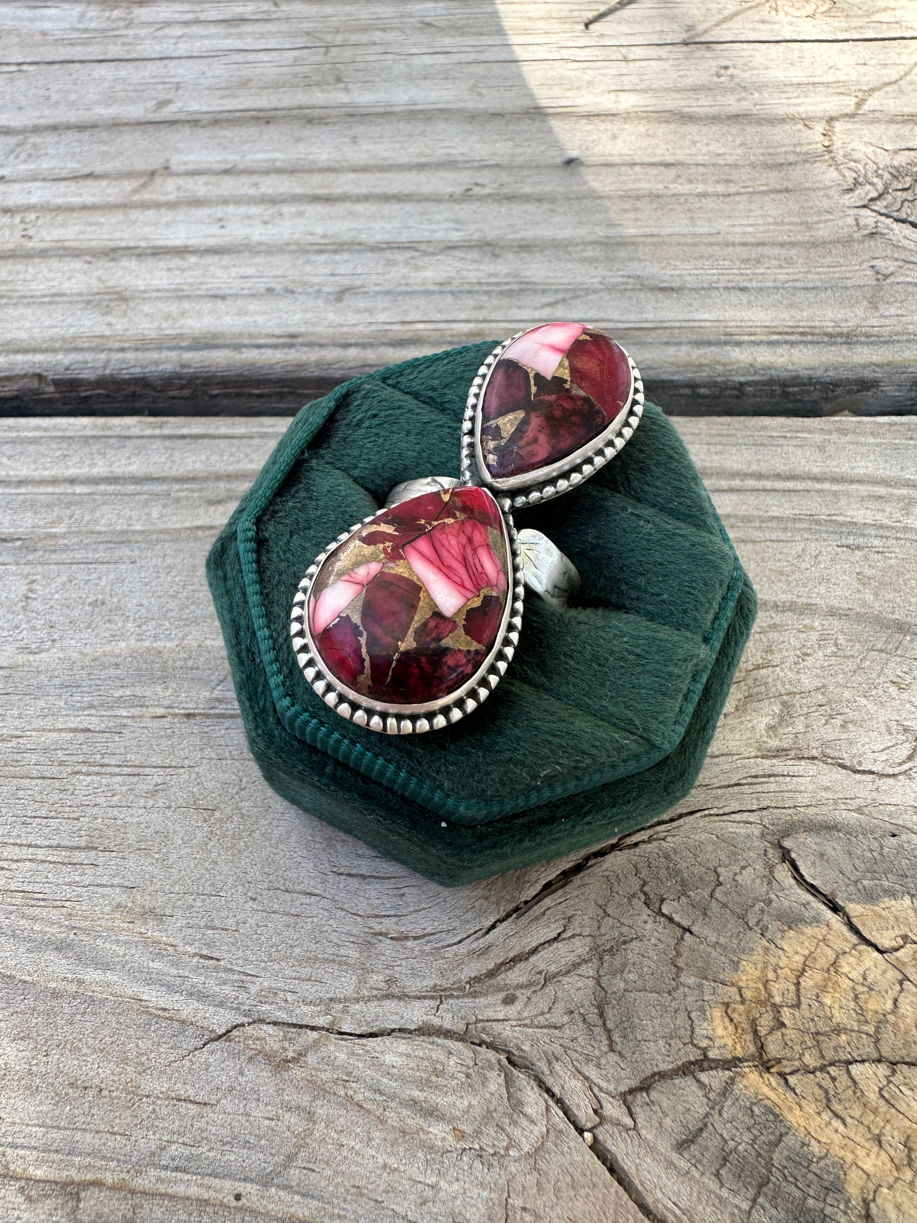 Beautiful Handmade Dahlia Rose And Sterling Silver Adjustable 2 Stone Ring