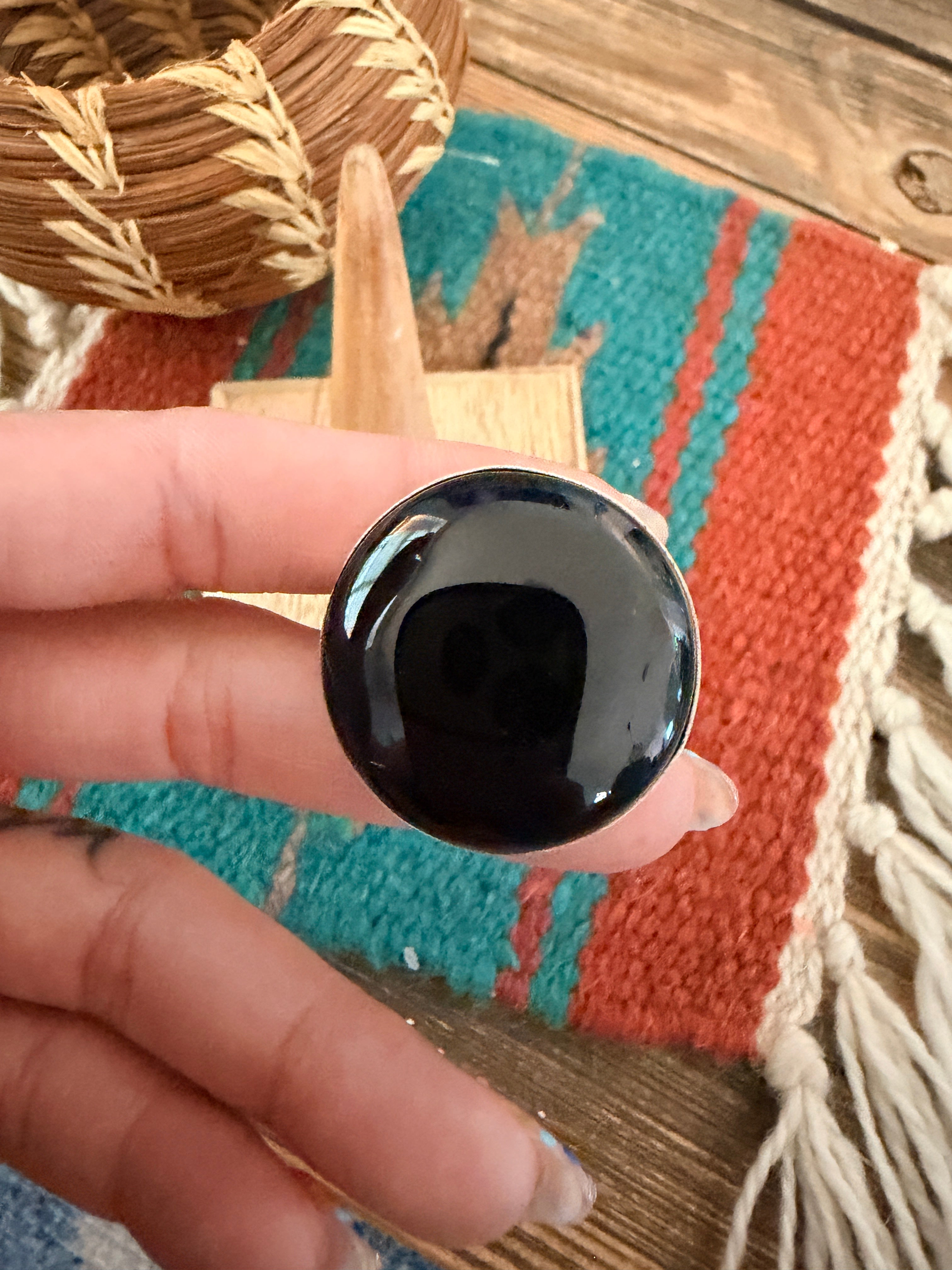 Handcrafted Black Onyx & Sterling Silver Ring Size 7.25