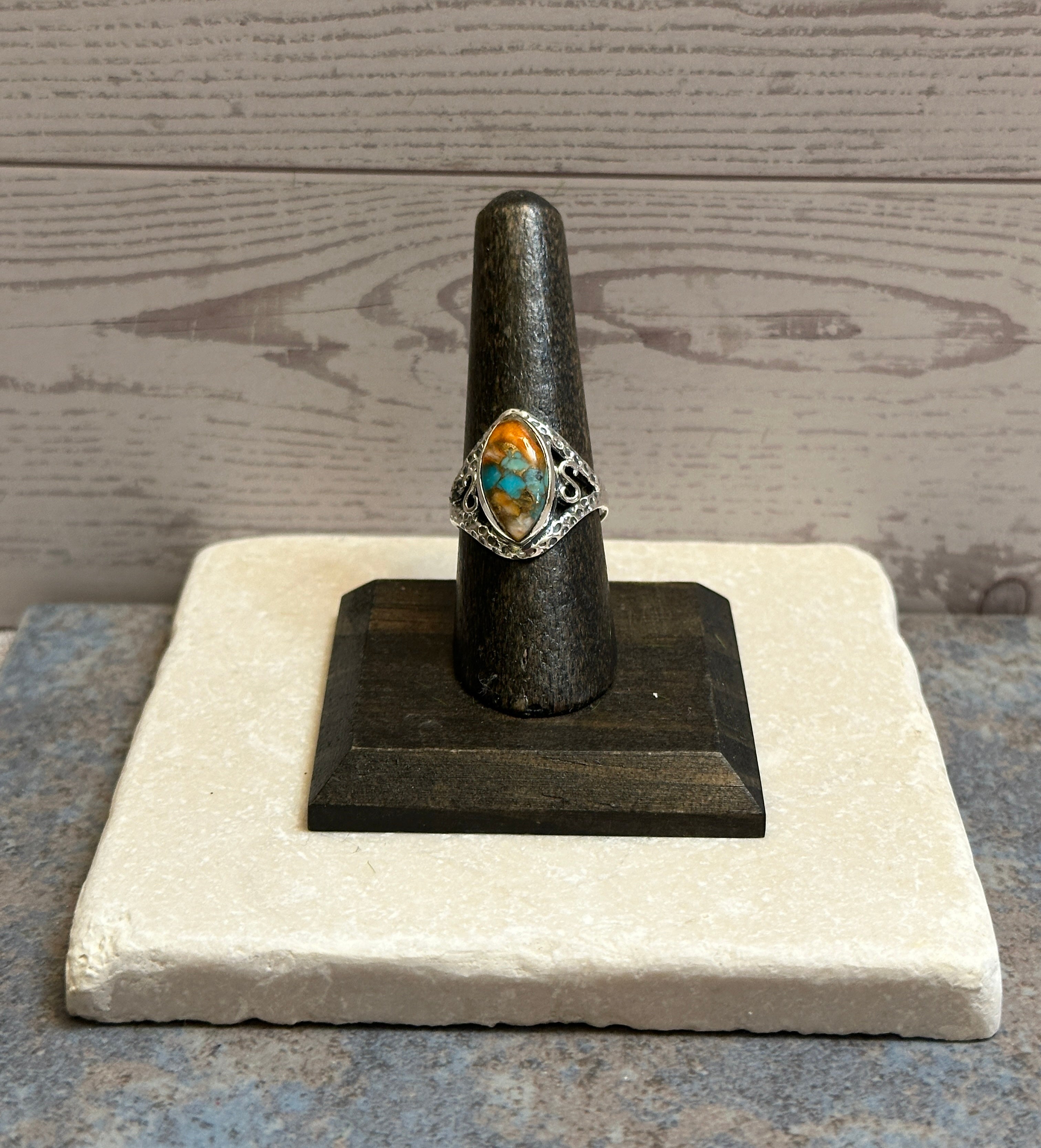 Sterling Silver Orange Spiny Turquoise Ring Size 7.5