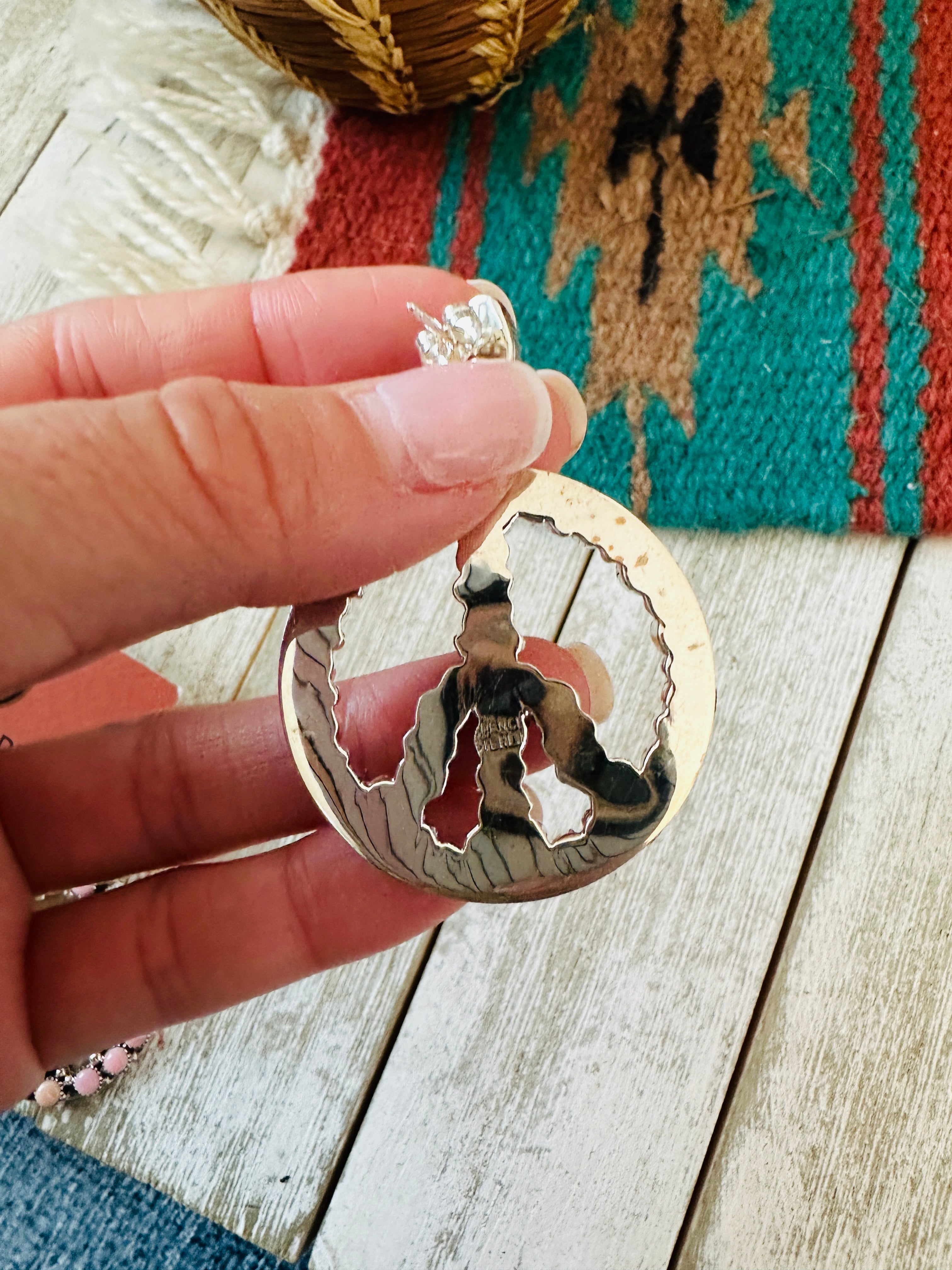 Navajo Queen Pink Conch & Sterling Silver Peace Sign Dangle Earrings