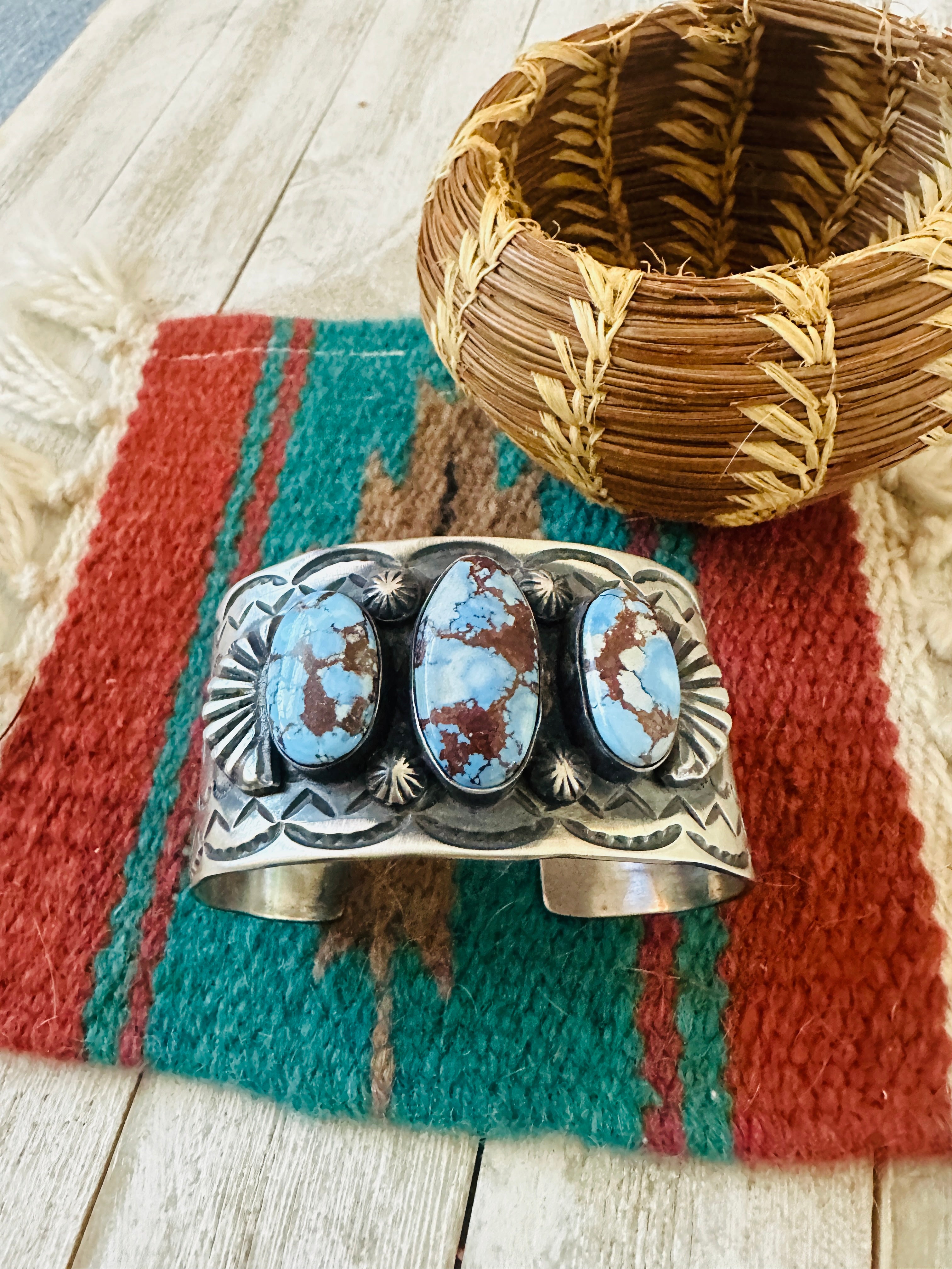 Handcrafted Sterling Silver & Golden Hills Turquoise Cuff Bracelet by Chimney Butte /