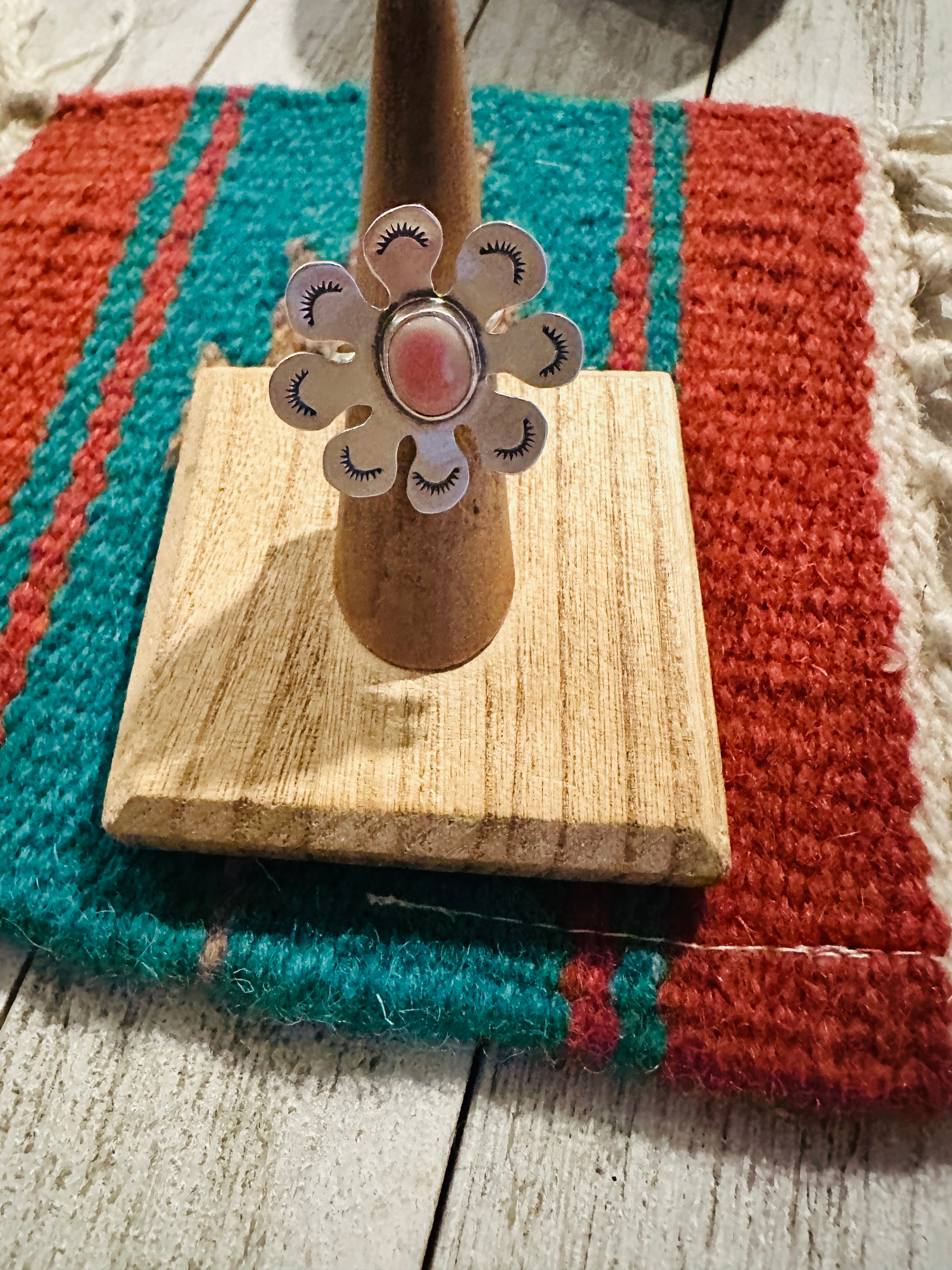 Handcrafted Sterling Silver & Queen Pink Conch Shell Adjustable Flower Ring