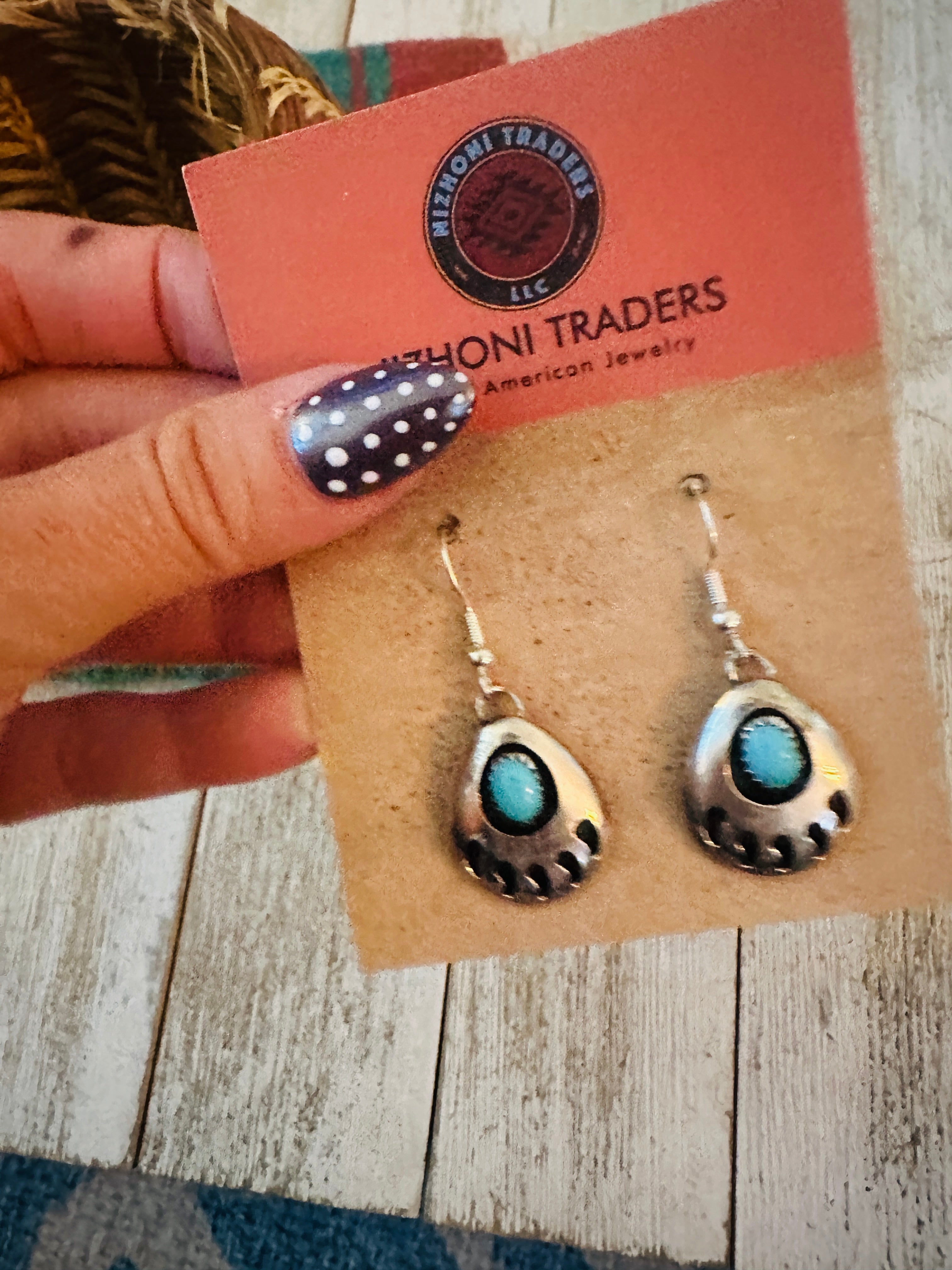 Handcrafted Old Pawn Sterling Silver & Turquoise Bear Paw Dangle Earrings