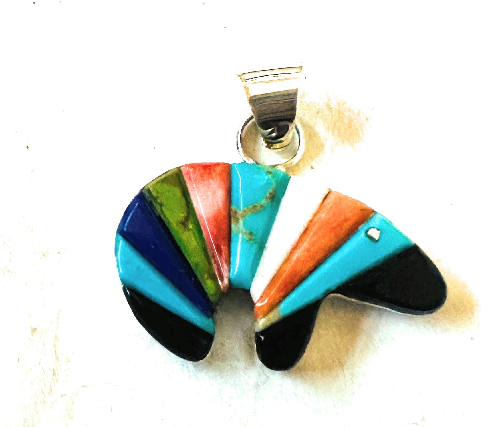 Handcrafted Multi Stone & Sterling Silver Inlay Fetish Bear Pendant