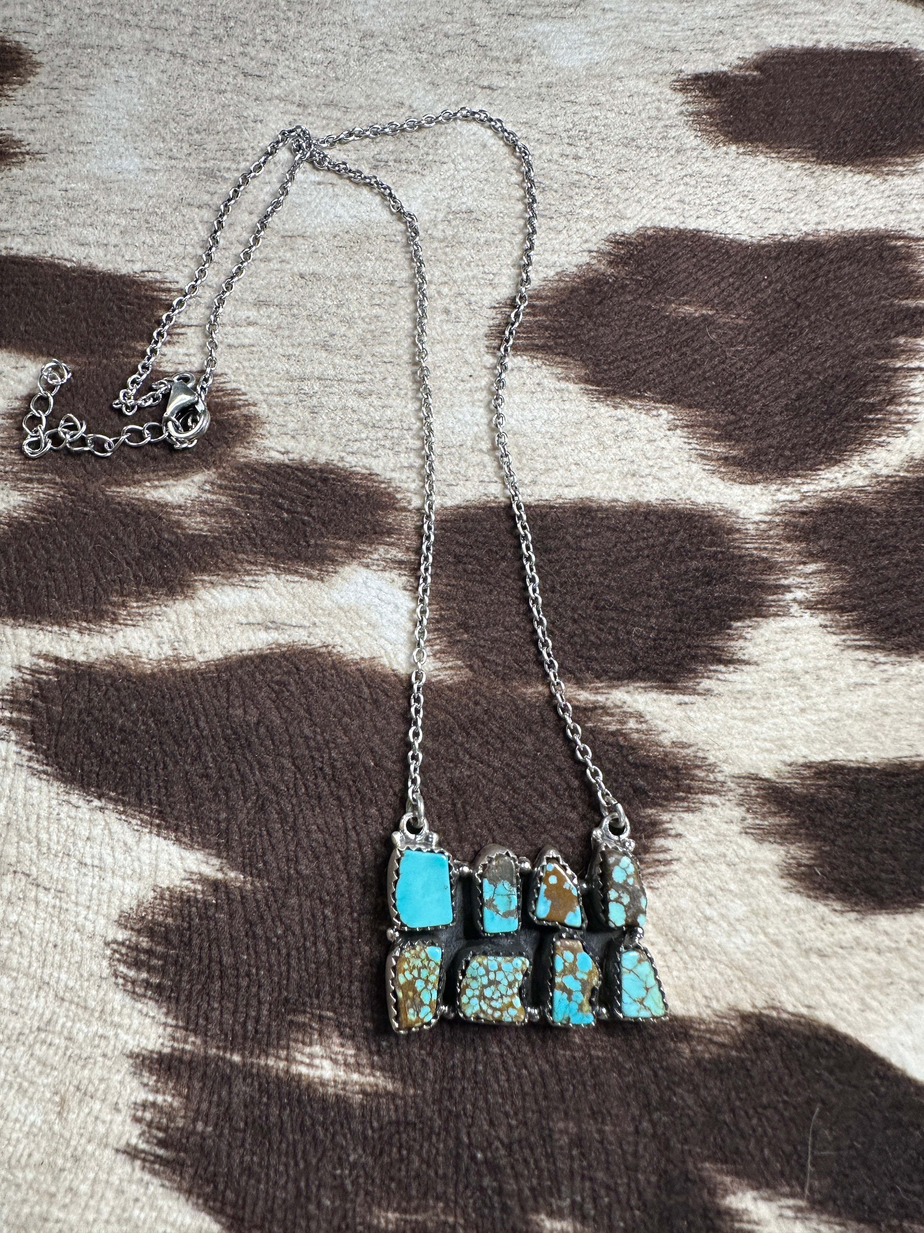 Handmade Number 8 Turquoise & Sterling Silver Cluster Bar Necklace