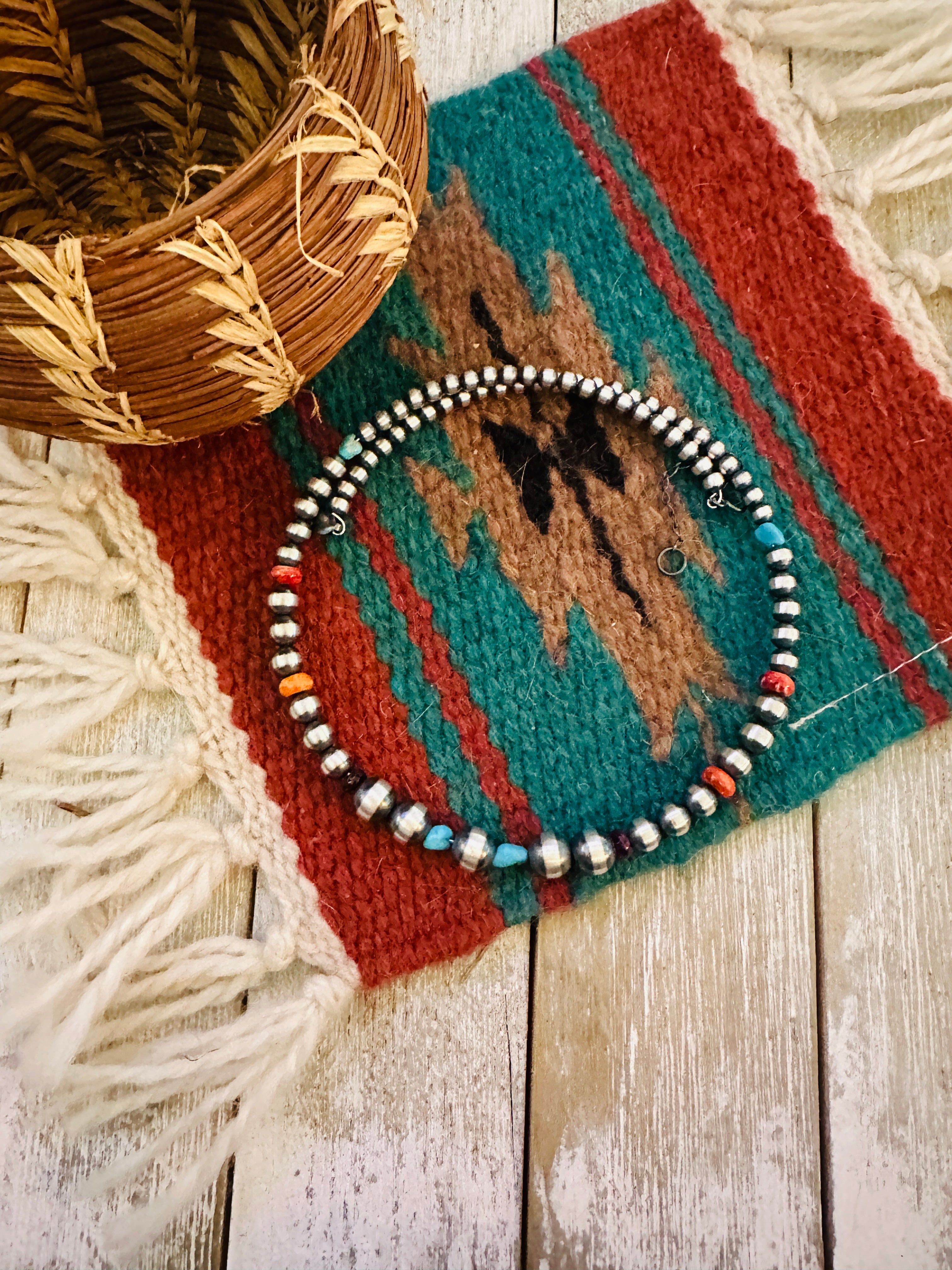 Handcrafted Turquoise, Spiny & Sterling Silver Beaded Wrap Choker Necklace