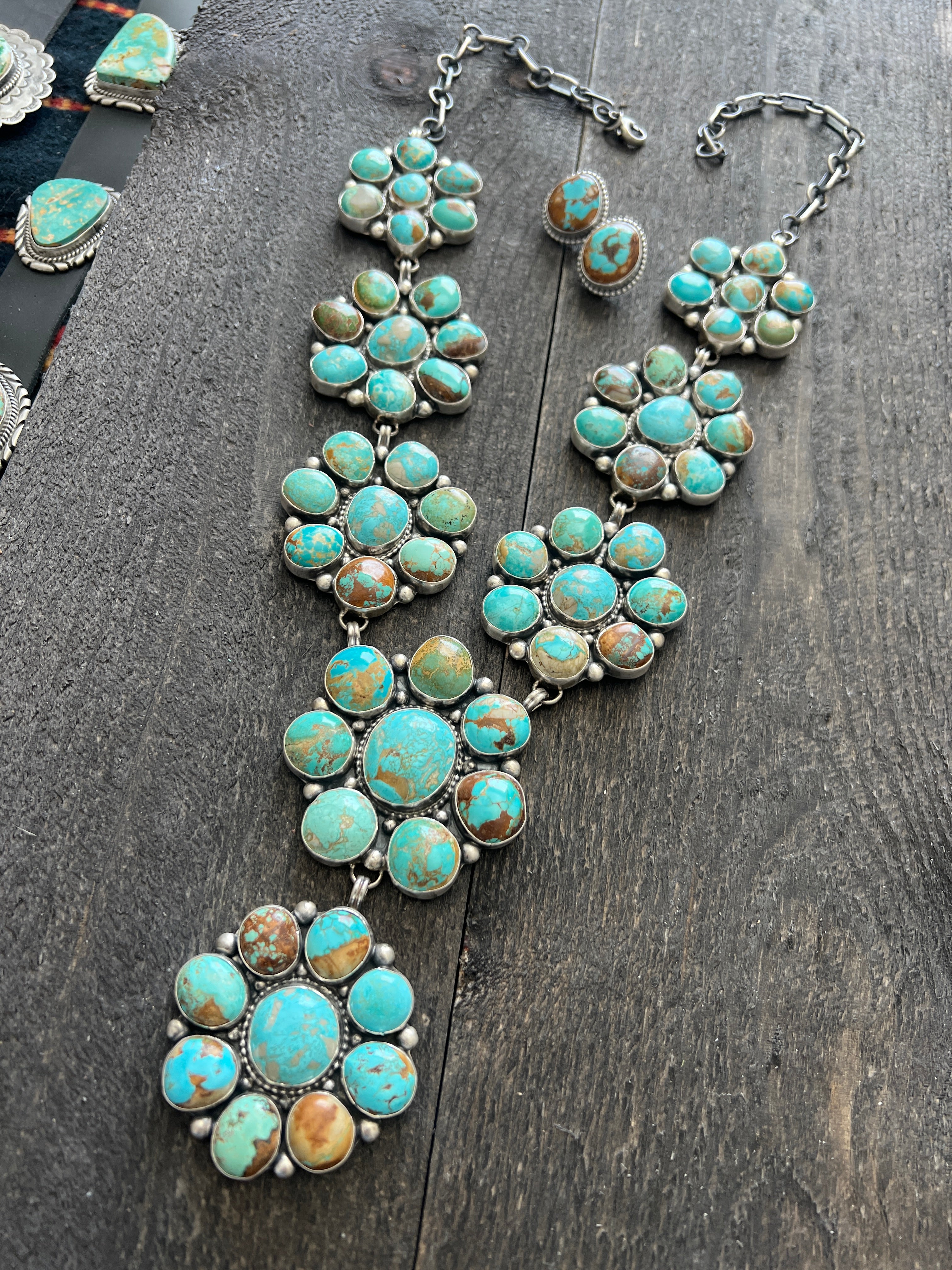 Handcrafted Big Mama Sterling Silver and Royston Turquoise Cluster Necklace with Matching Earrings by Sheila Becenti