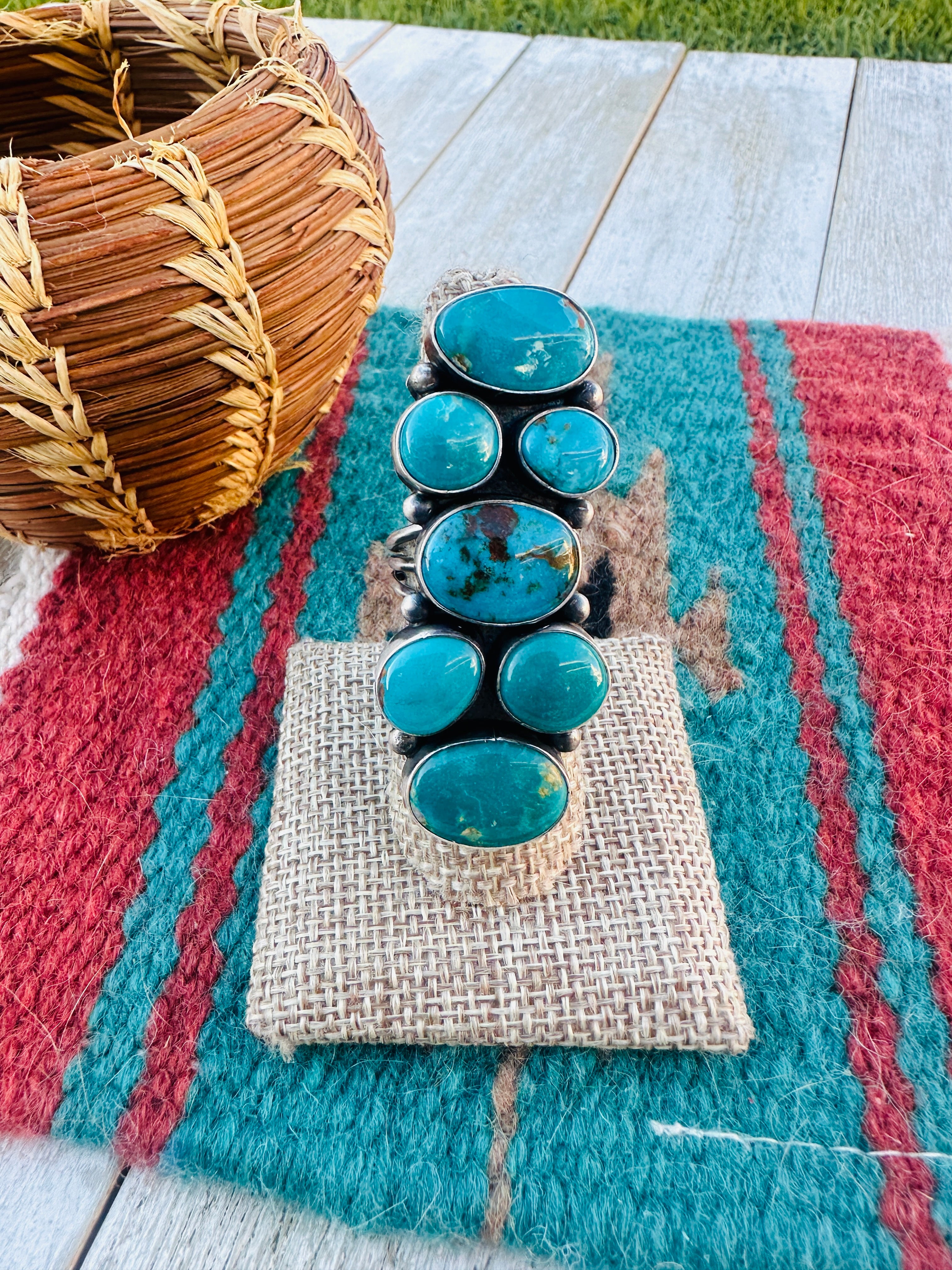 Old Pawn Handcrafted Turquoise & Sterling Silver Cluster Ring Size 8