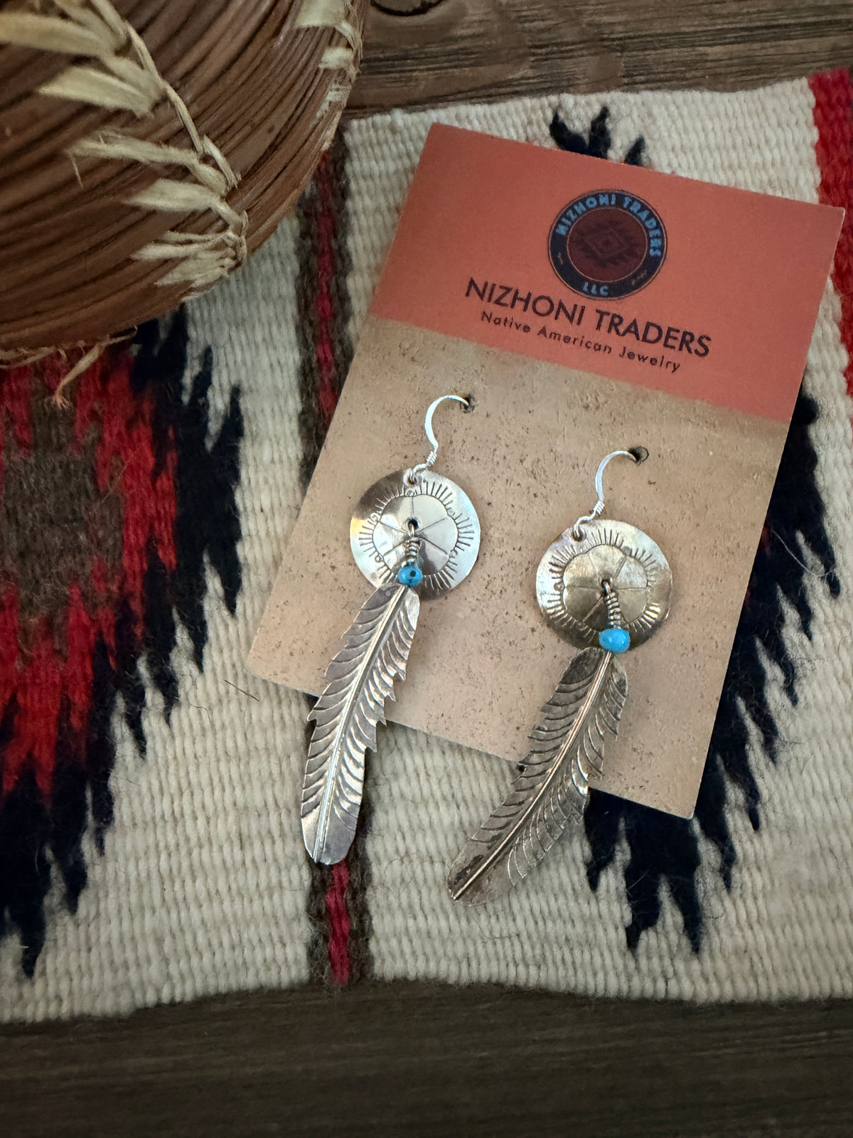 Old Pawn Handcrafted Sterling Silver & Turquoise Feather Dangle Earrings