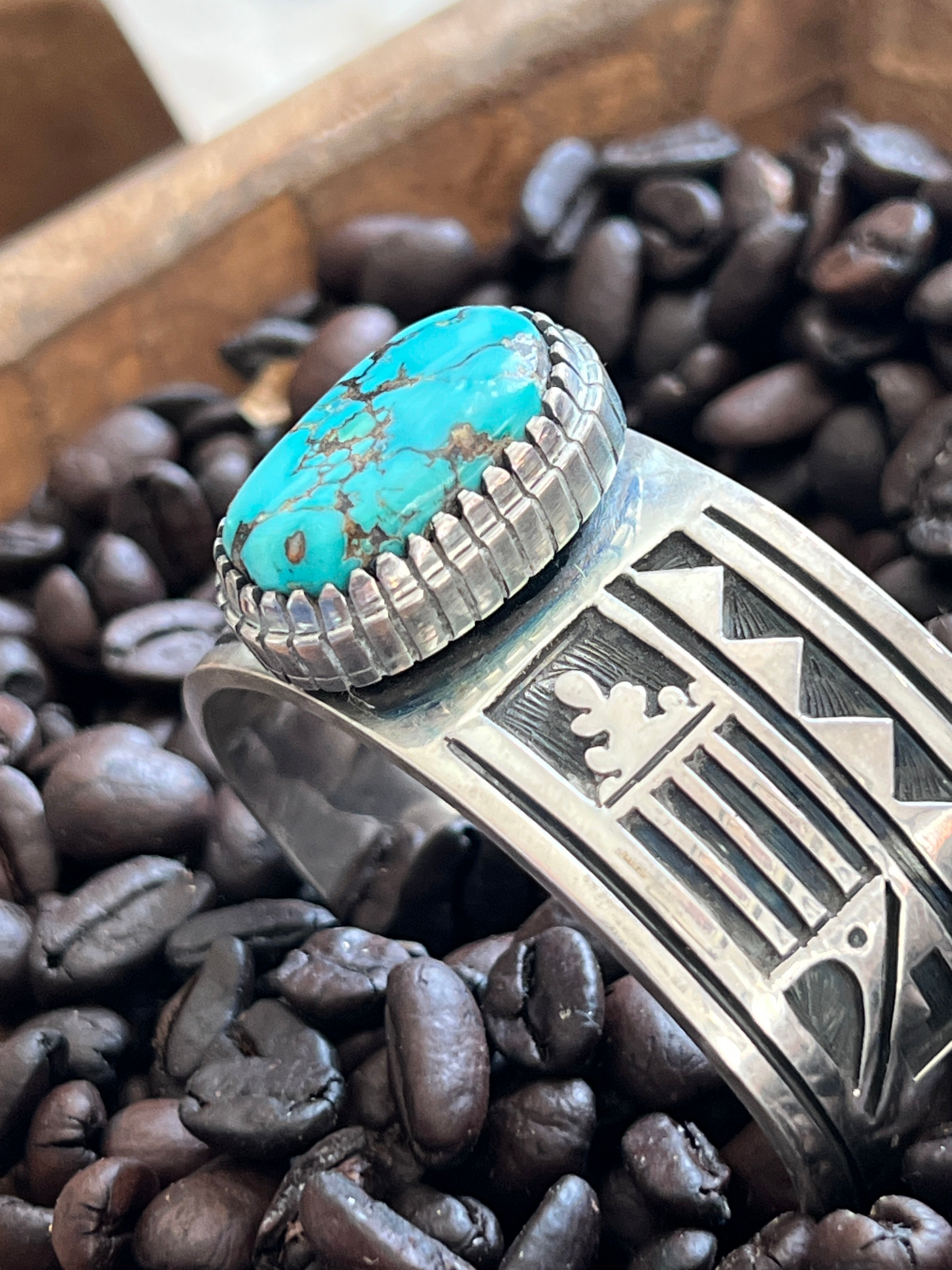Handcrafted Timmy Earl Yazzie Kilt Design Sterling and Turquoise Cuff