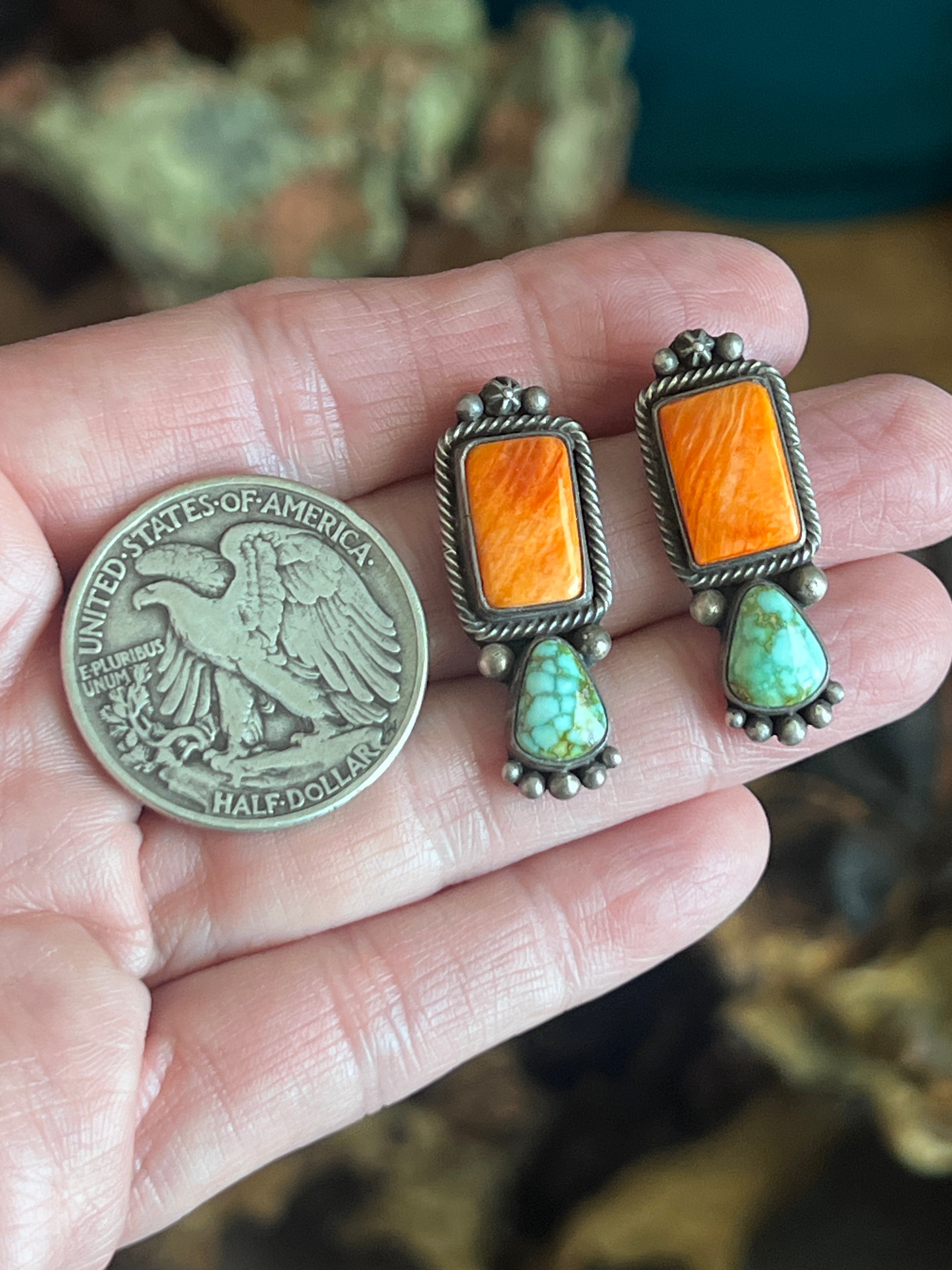 Electric Rainbow Sterling Silver, Sonoran Gold Turquoise and Spiny Oyster Beaded Necklace and Earrings Set by Bernyse Chavez