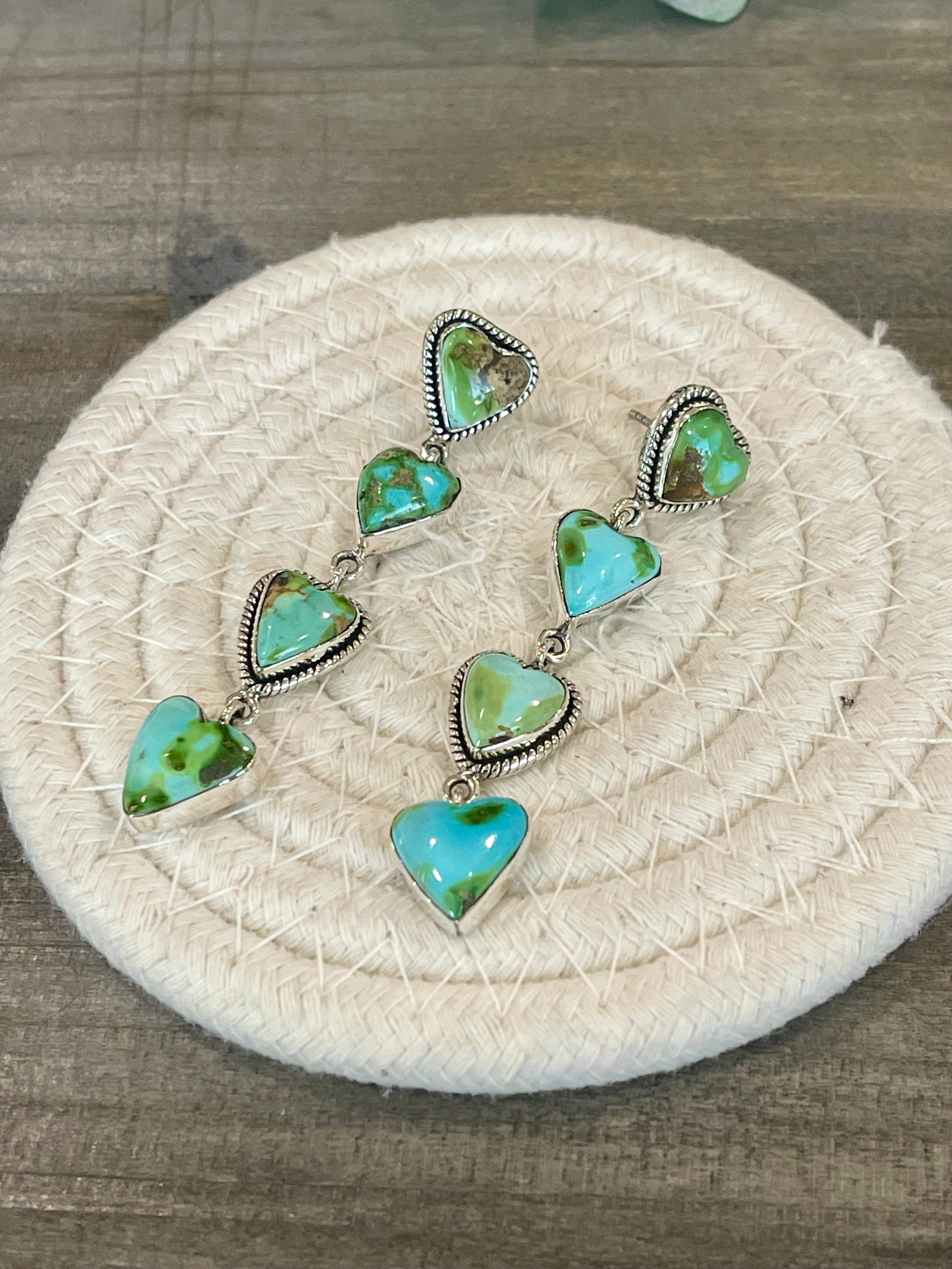 Handmade Emerald Valley Turquoise and Sterling Silver Dangle Heart Earrings