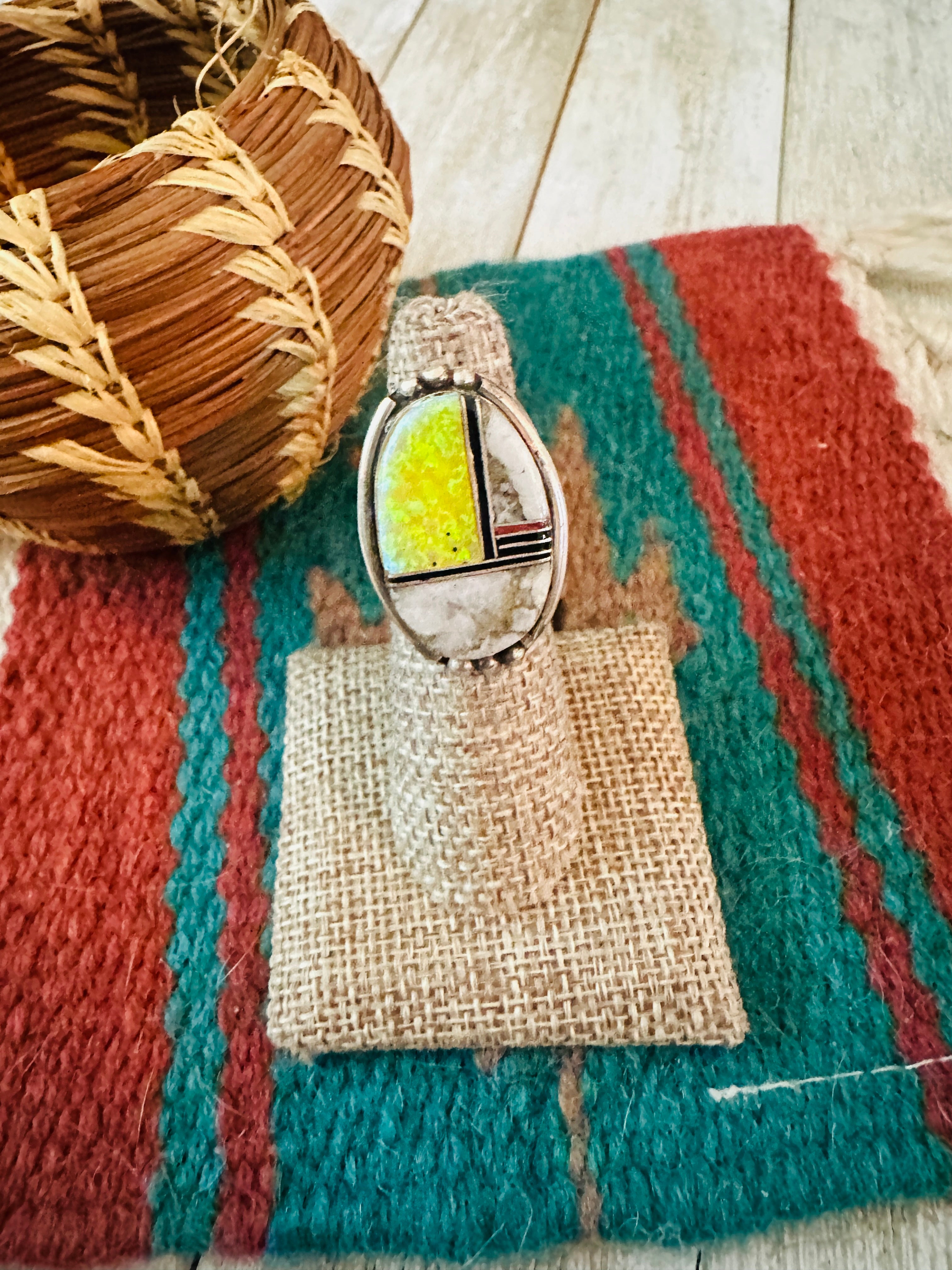 Old Pawn Handcrafted Multi Stone & Sterling Silver Inlay Ring Size 5.5