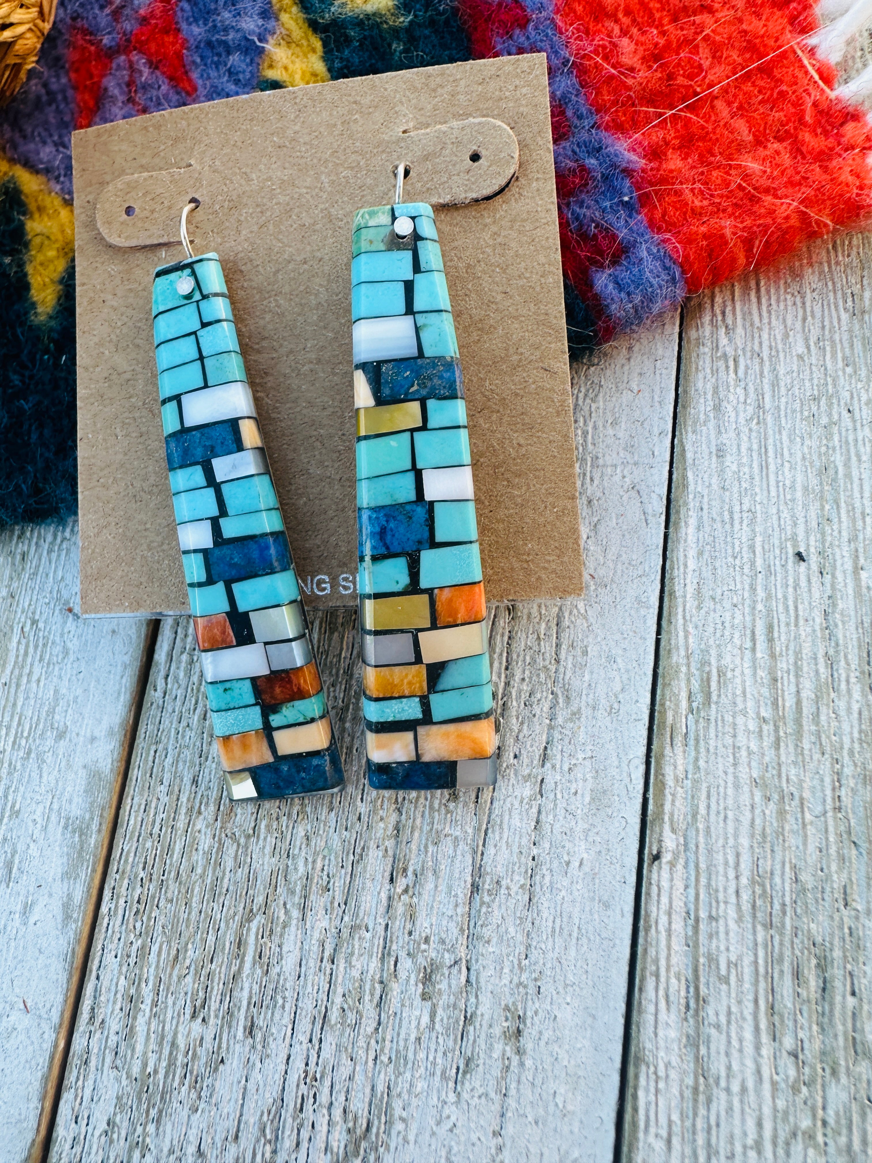 Handcrafted Multi Stone Inlay Shell Dangle Earrings