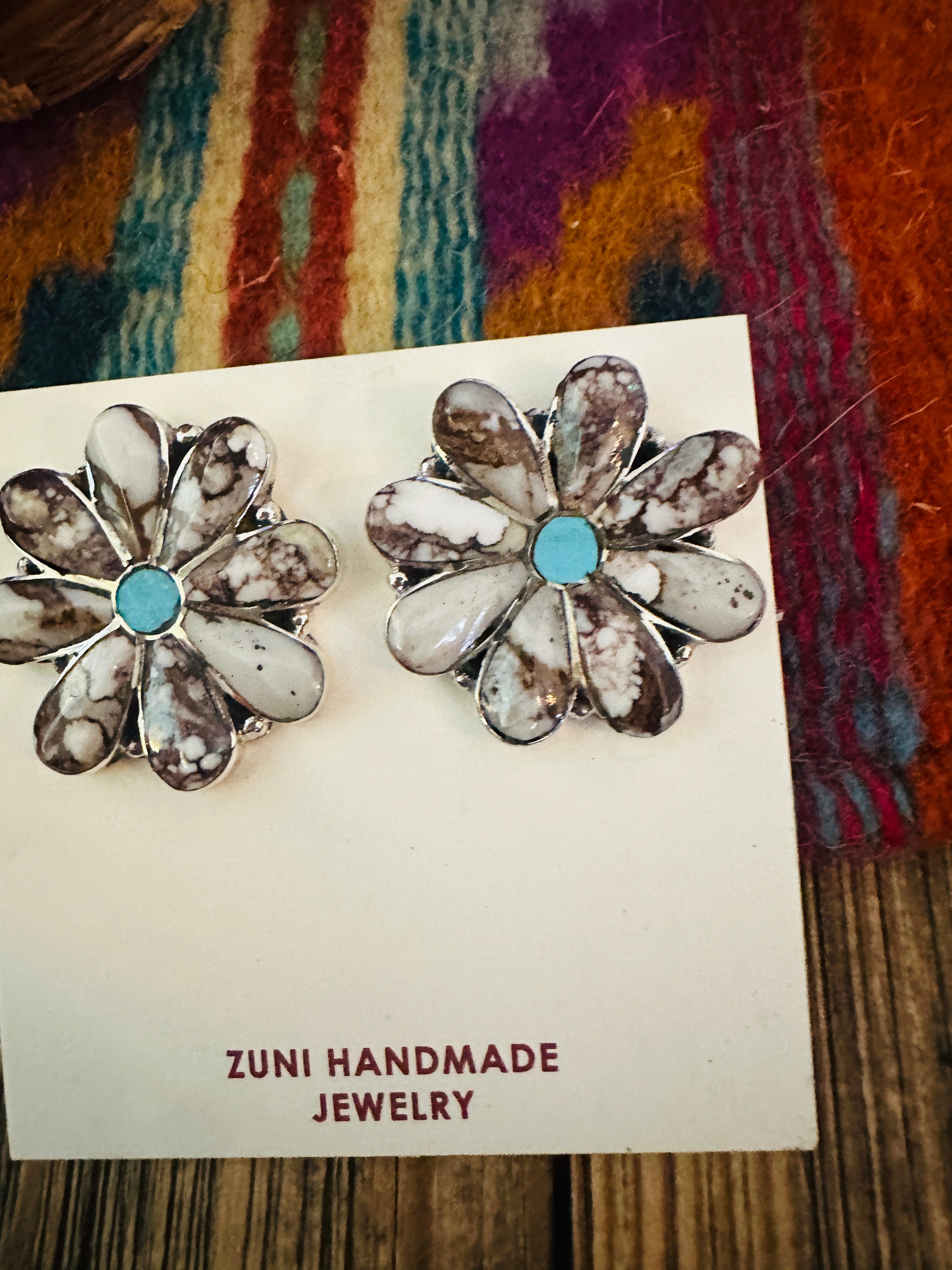 Handcrafted Wild Horse, Turquoise & Sterling Silver Flower Post Earrings