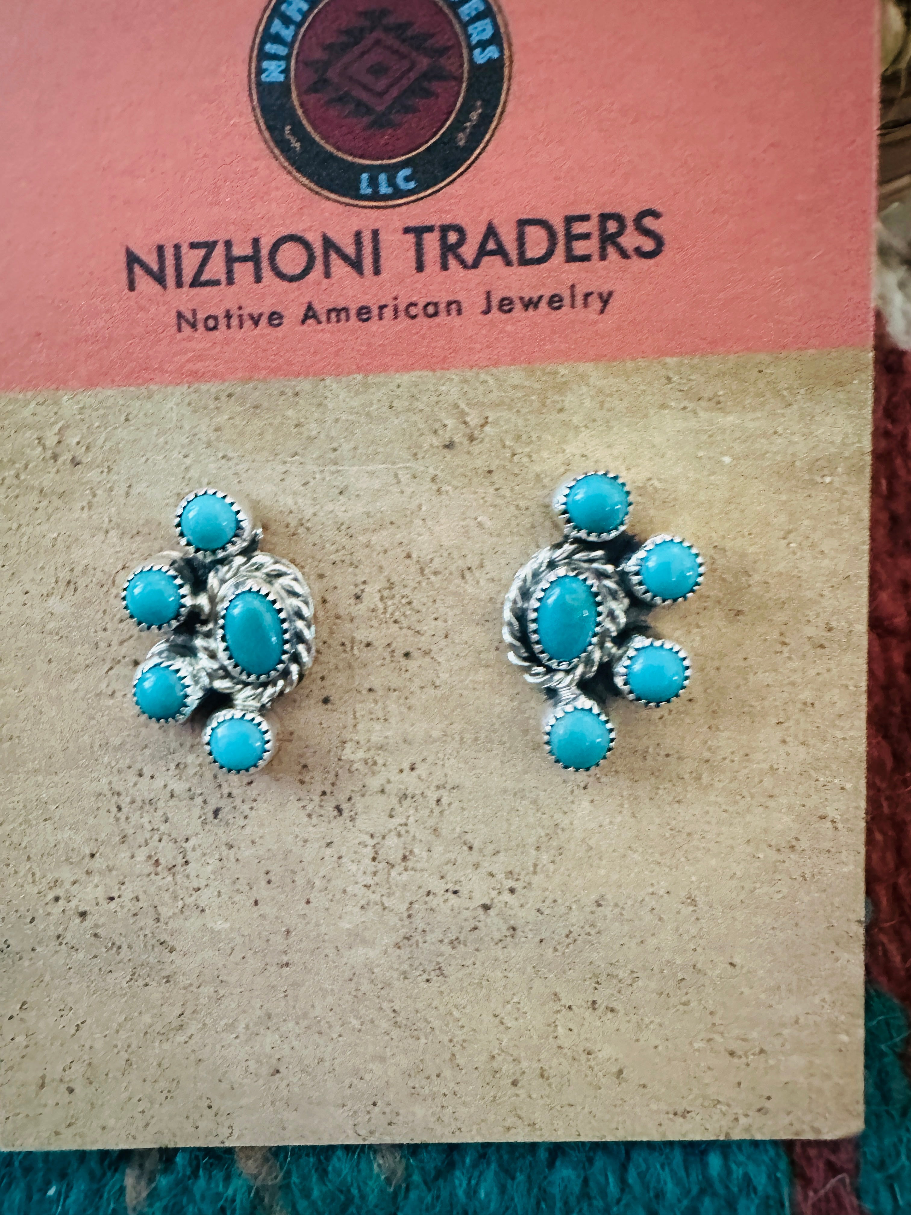 Handcrafted Turquoise & Sterling Silver Cluster Post Earrings