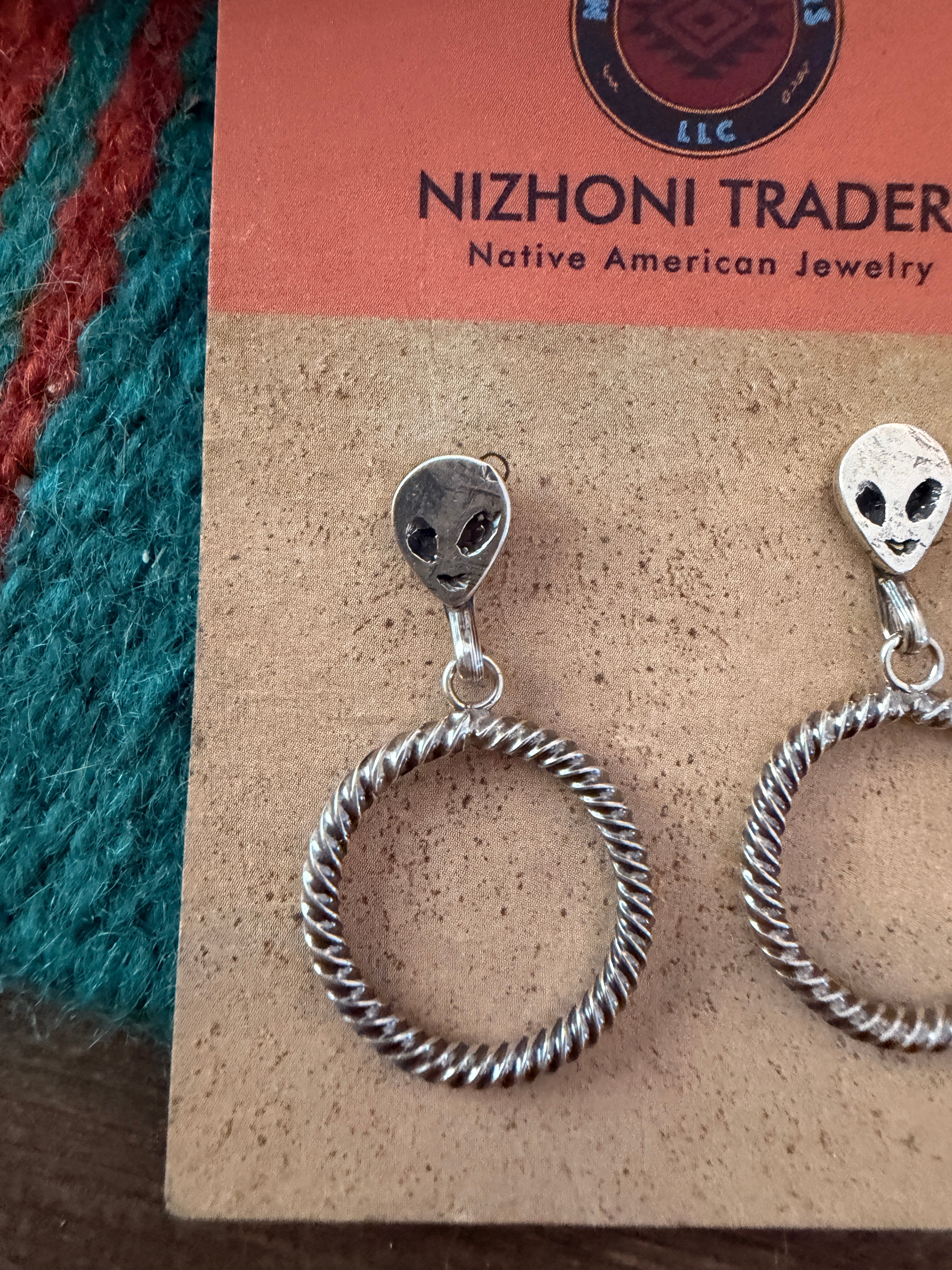 Handcrafted Sterling Silver Alien Dangle Hoop Earrings