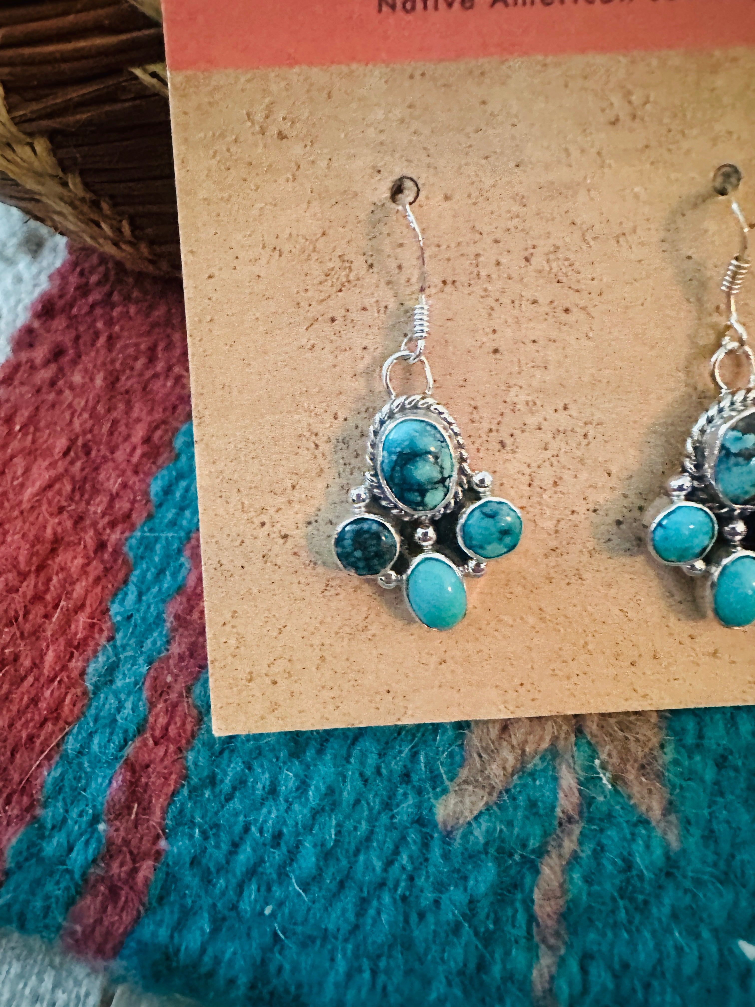 Handcrafted Turquoise & Sterling Silver Cluster Dangle Earrings