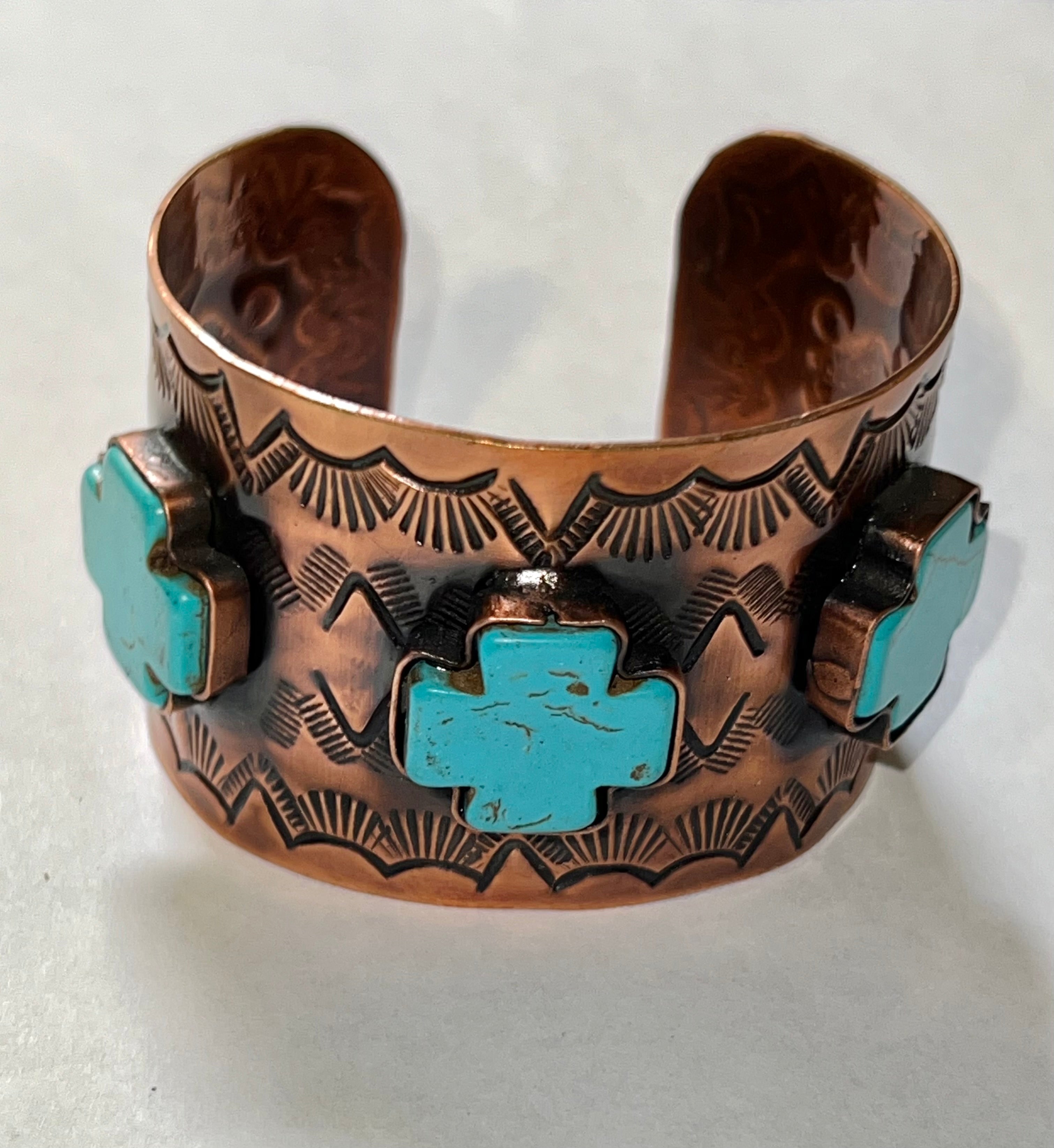 Engraved Copper Cuff Bracelet with Blue Cross Accents