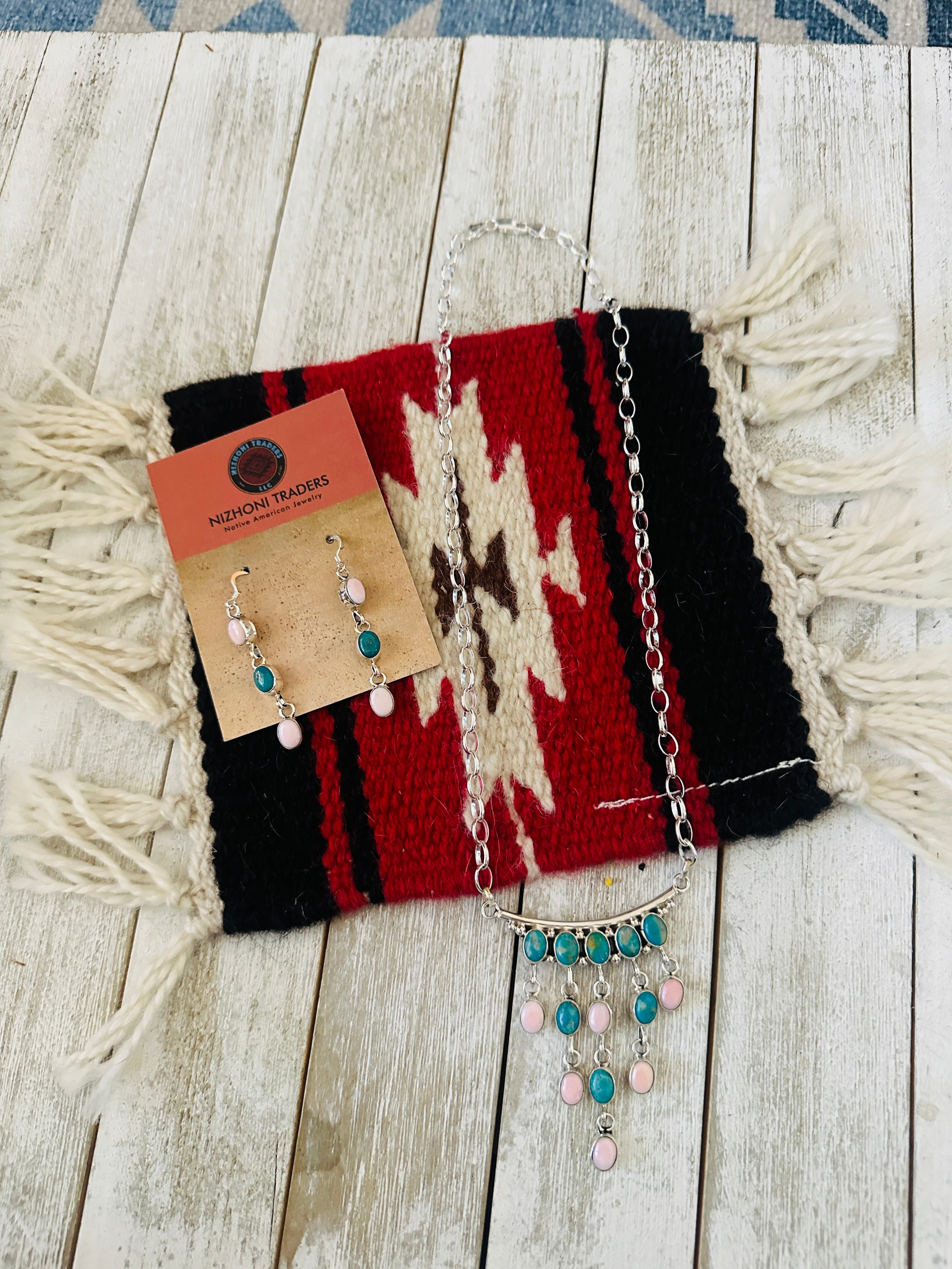 Handcrafted Turquoise, Queen Pink Conch & Sterling Silver Chandelier Necklace Set