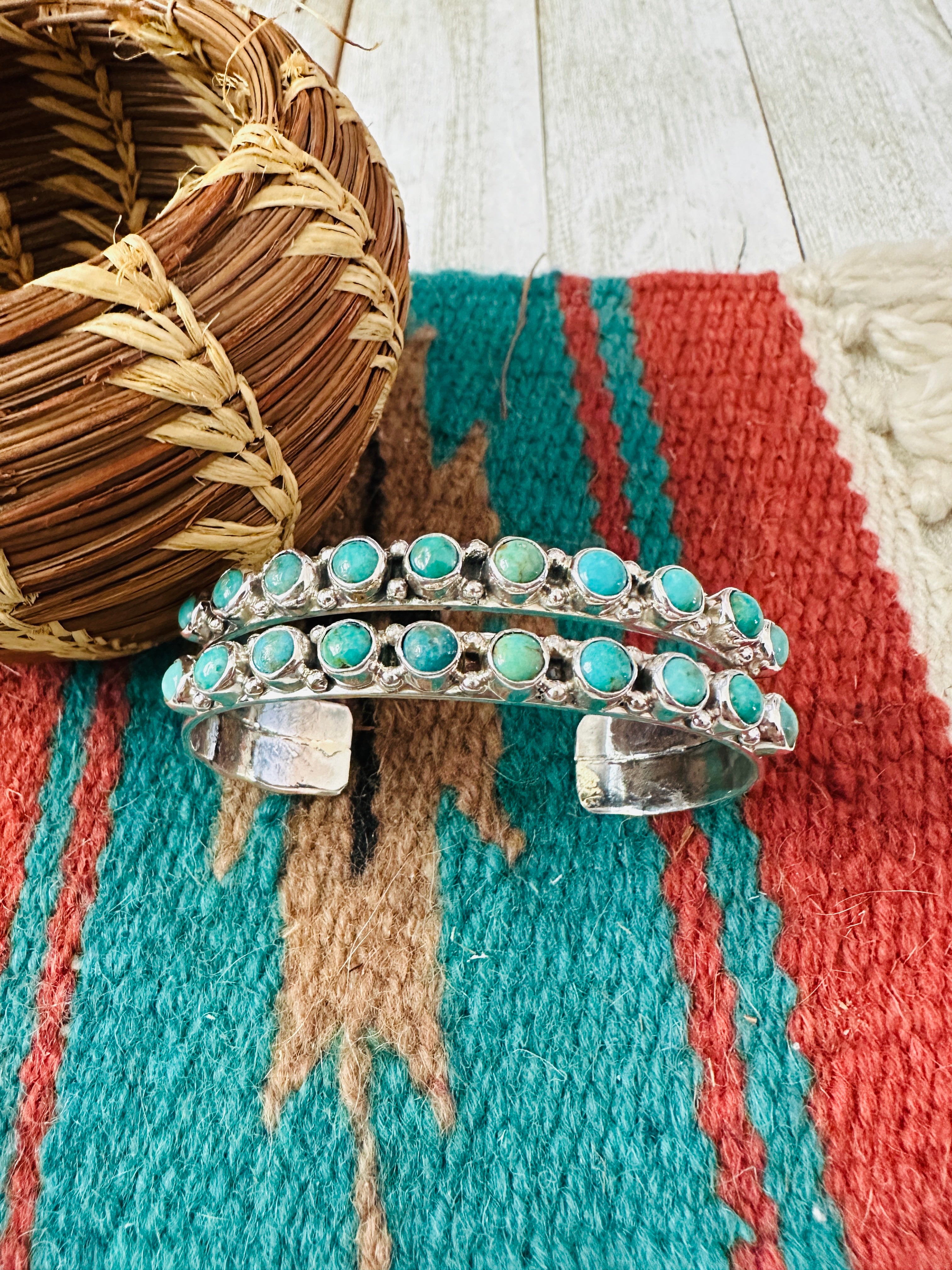 Handcrafted Sterling Silver & Turquoise Two Row Cuff Bracelet /