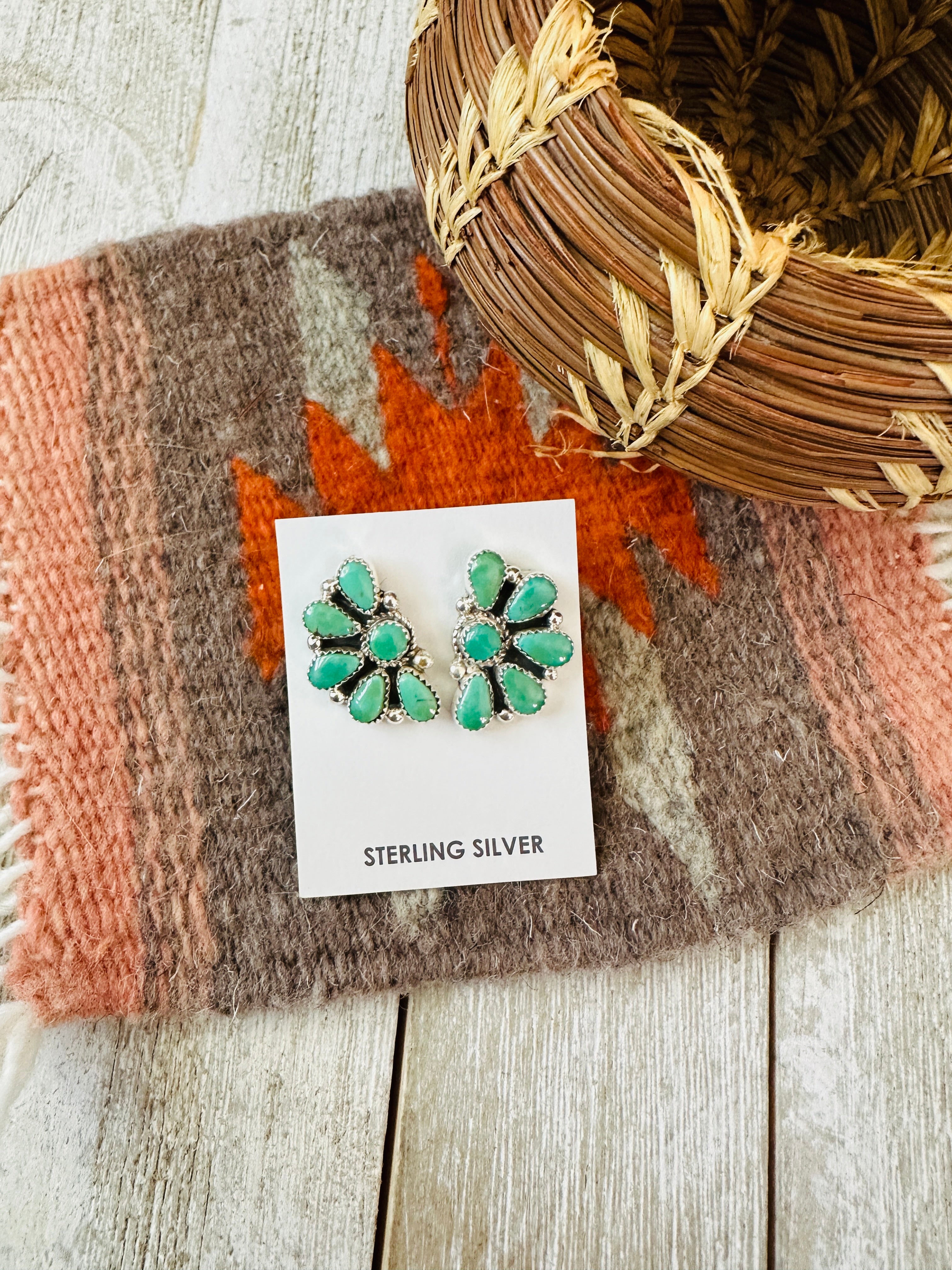 Handcrafted Sterling Silver & Green Turquoise Cluster Post Earrings