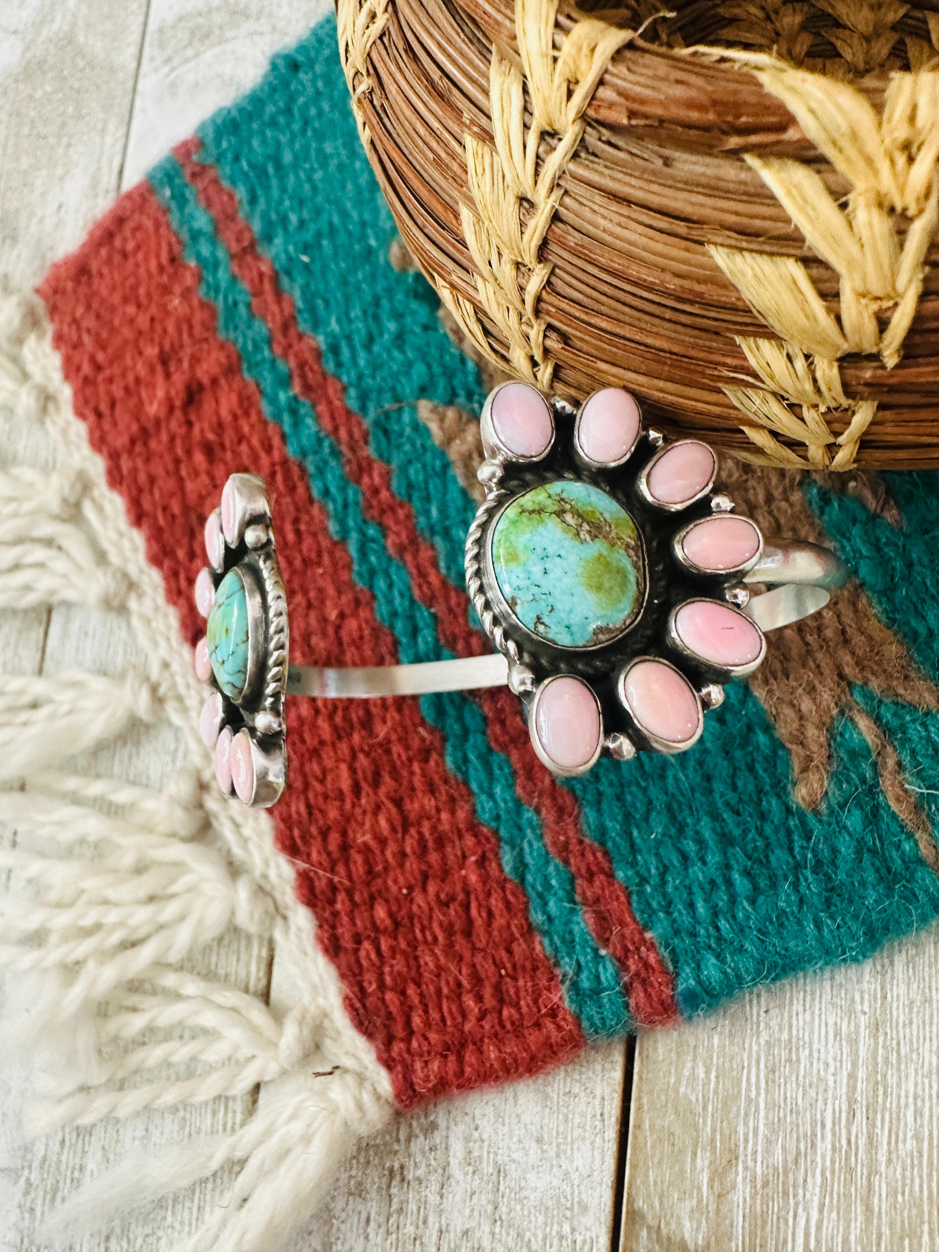 Queen Pink Conch, Turquoise & Sterling Silver Floating Cuff Bracelet /