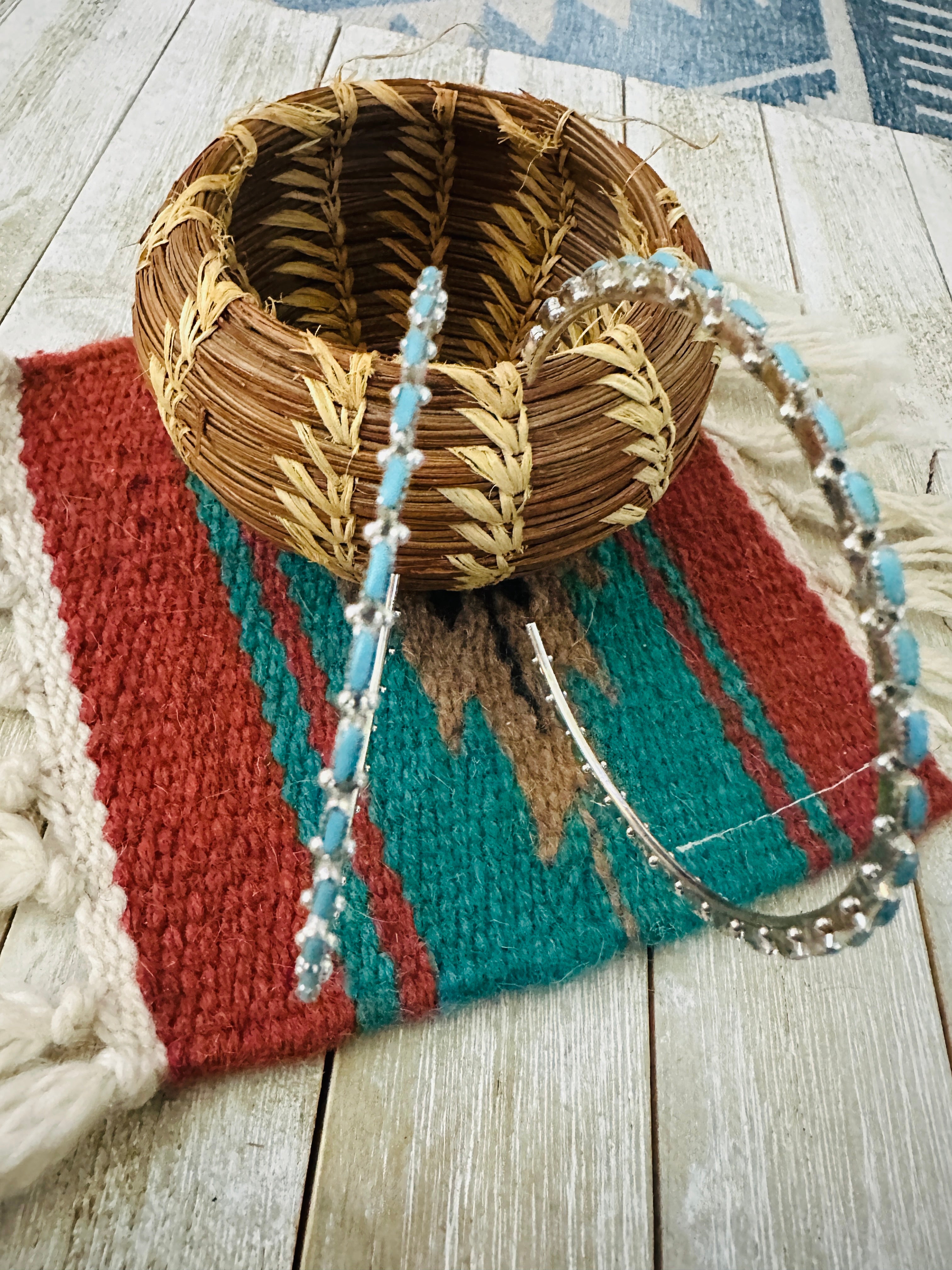 Handcrafted Turquoise & Sterling Silver Needlepoint Hoop Earrings