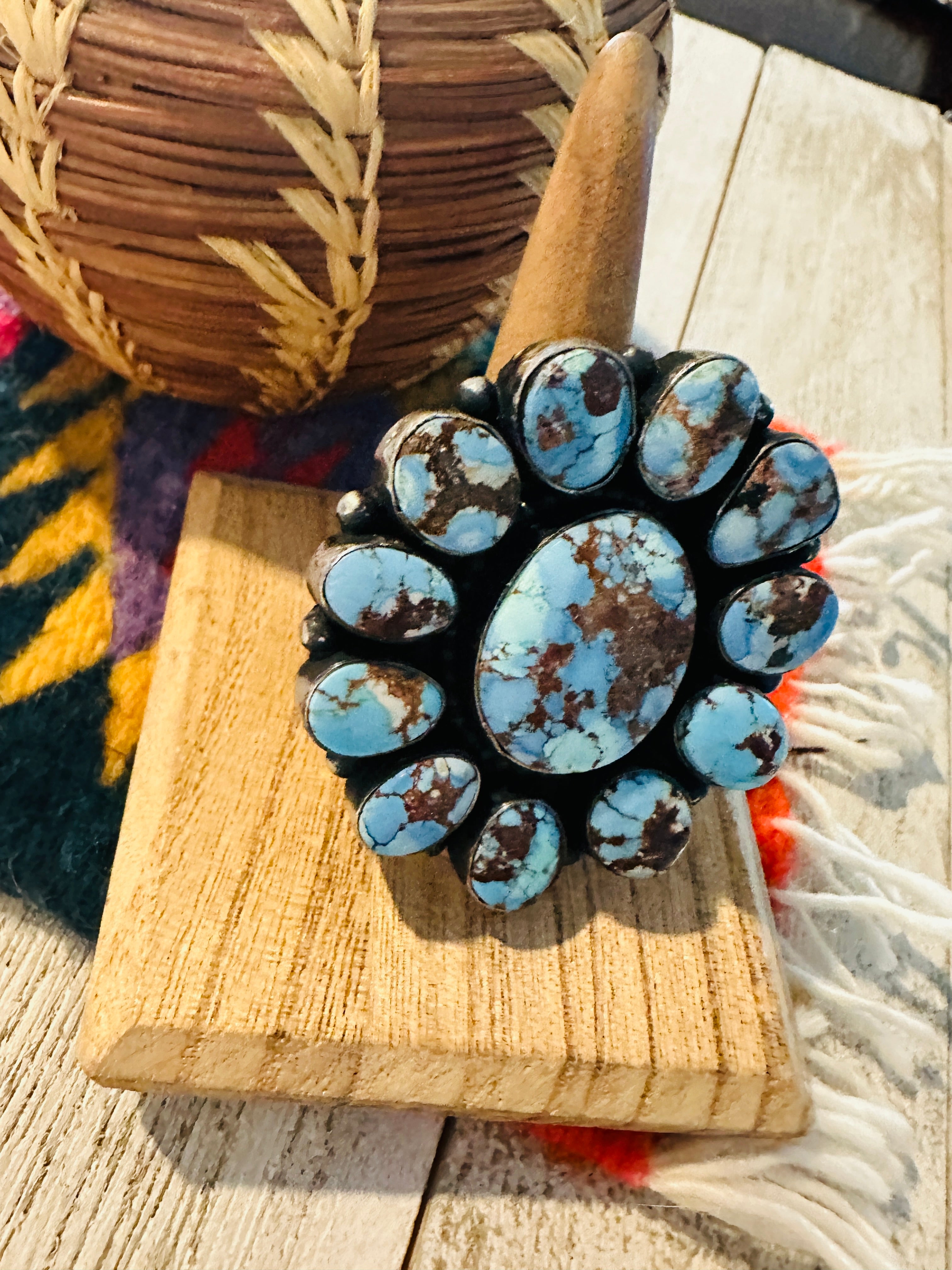 Navajo Golden Hills Turquoise & Sterling Silver Cluster Ring by Blaine Yellowhorse, Size 8.5