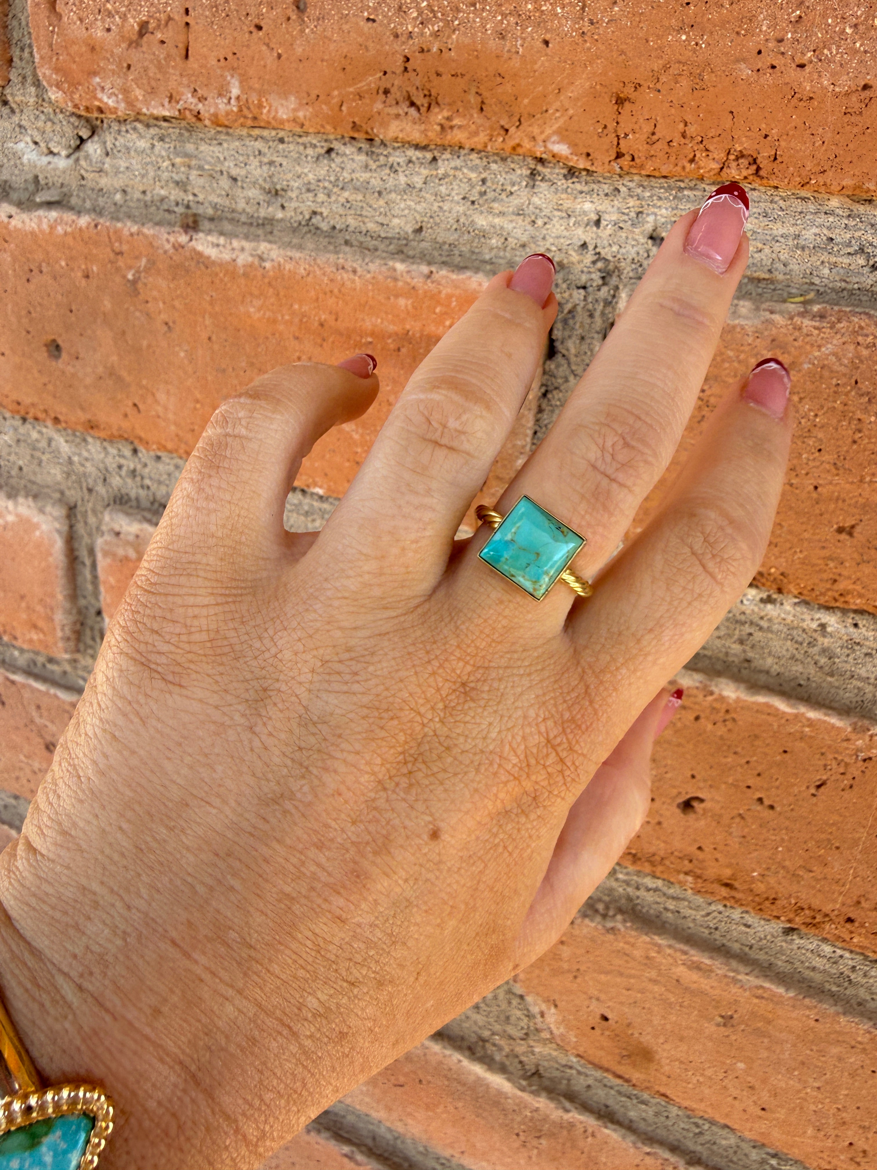 “The Golden Collection” Olive Square Handmade Natural Turquoise 14k Gold Plated Sterling Silver Adjustable Ring