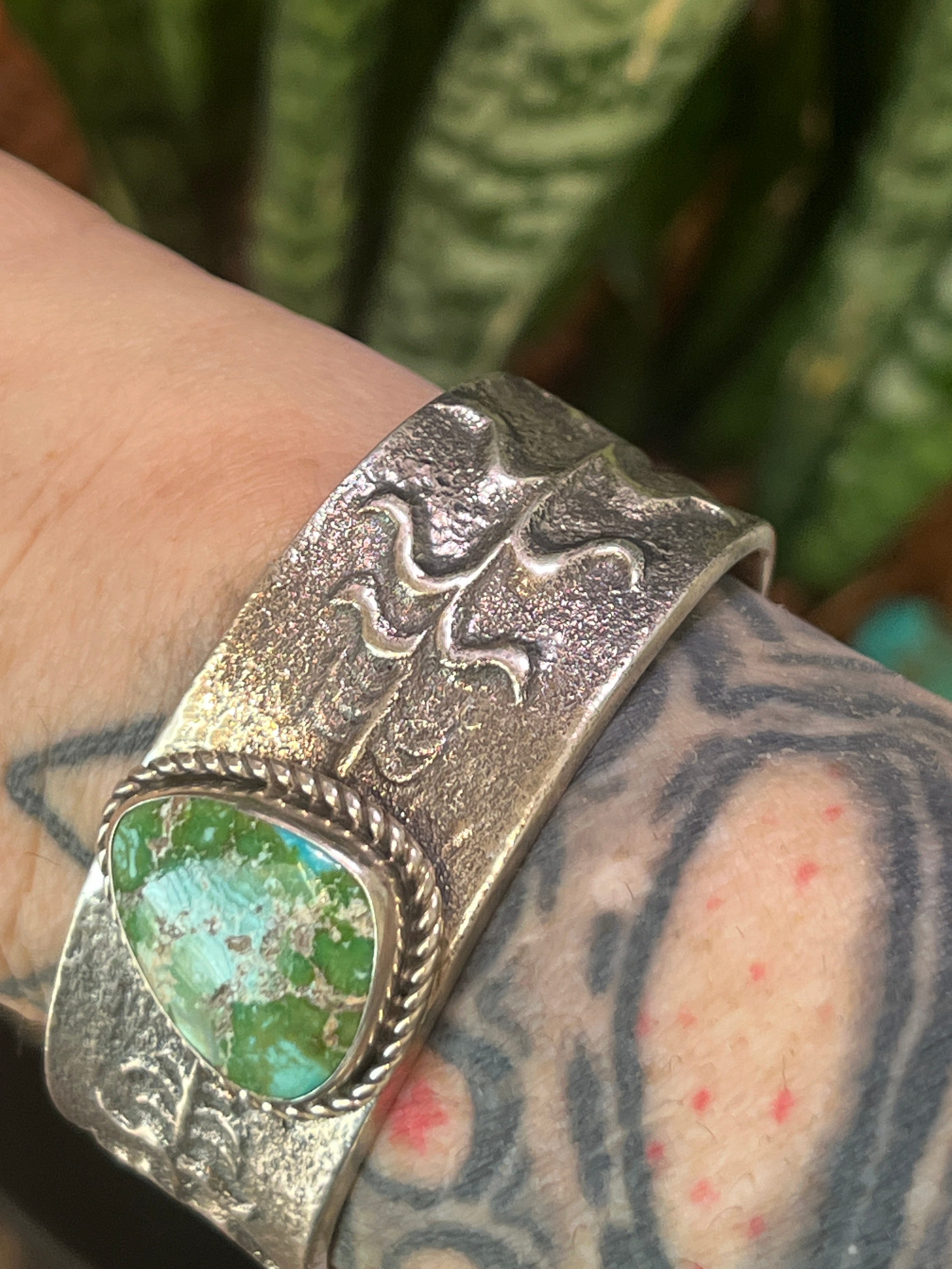 Handcrafted Sterling Silver Tufa Cast Corn Stalk Cuff with Sonoran Gold Turquoise by Gary Custer