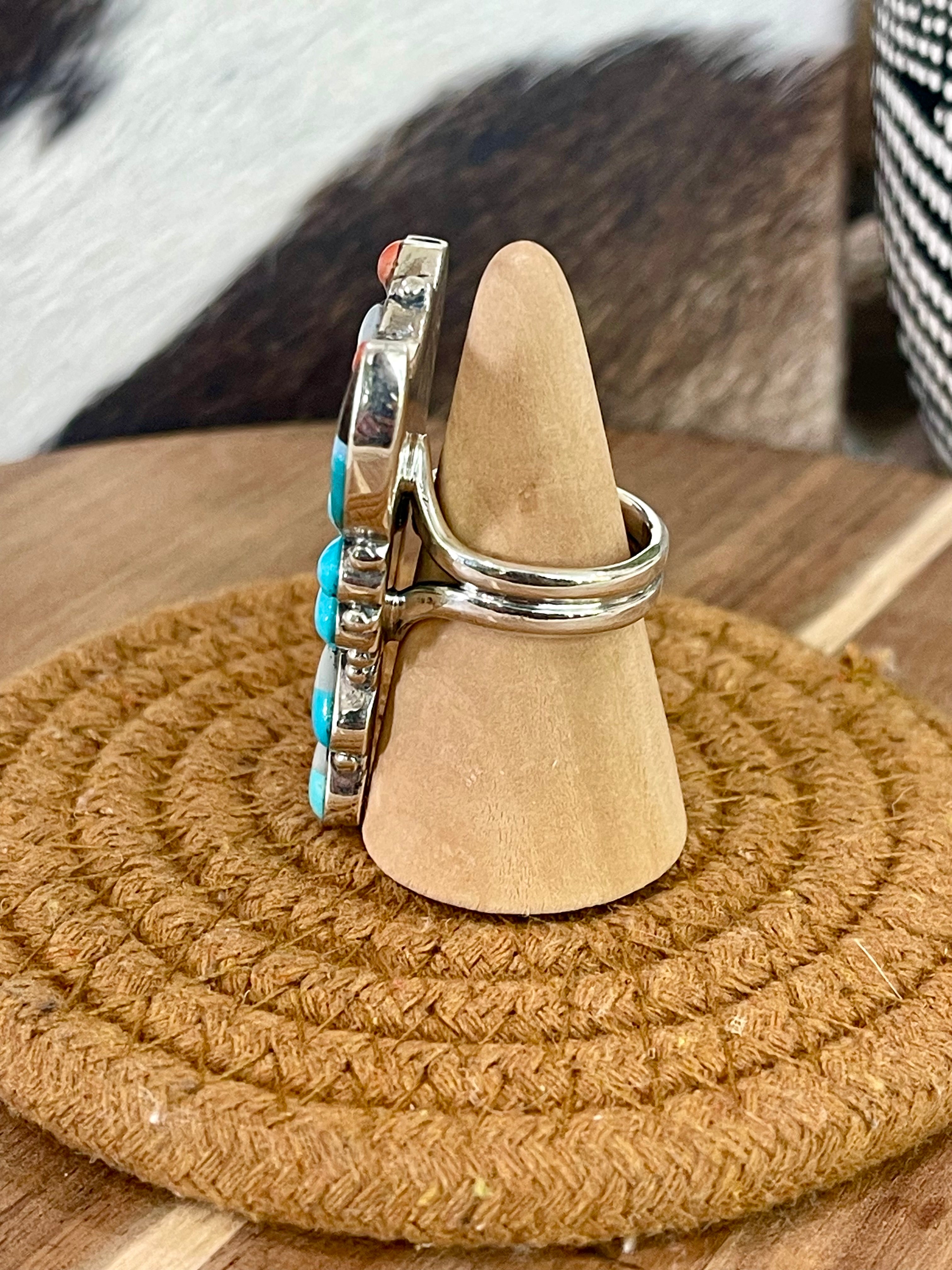 Beautiful Handmade Sterling Silver & Multi Stone Thunderbird Adjustable Ring