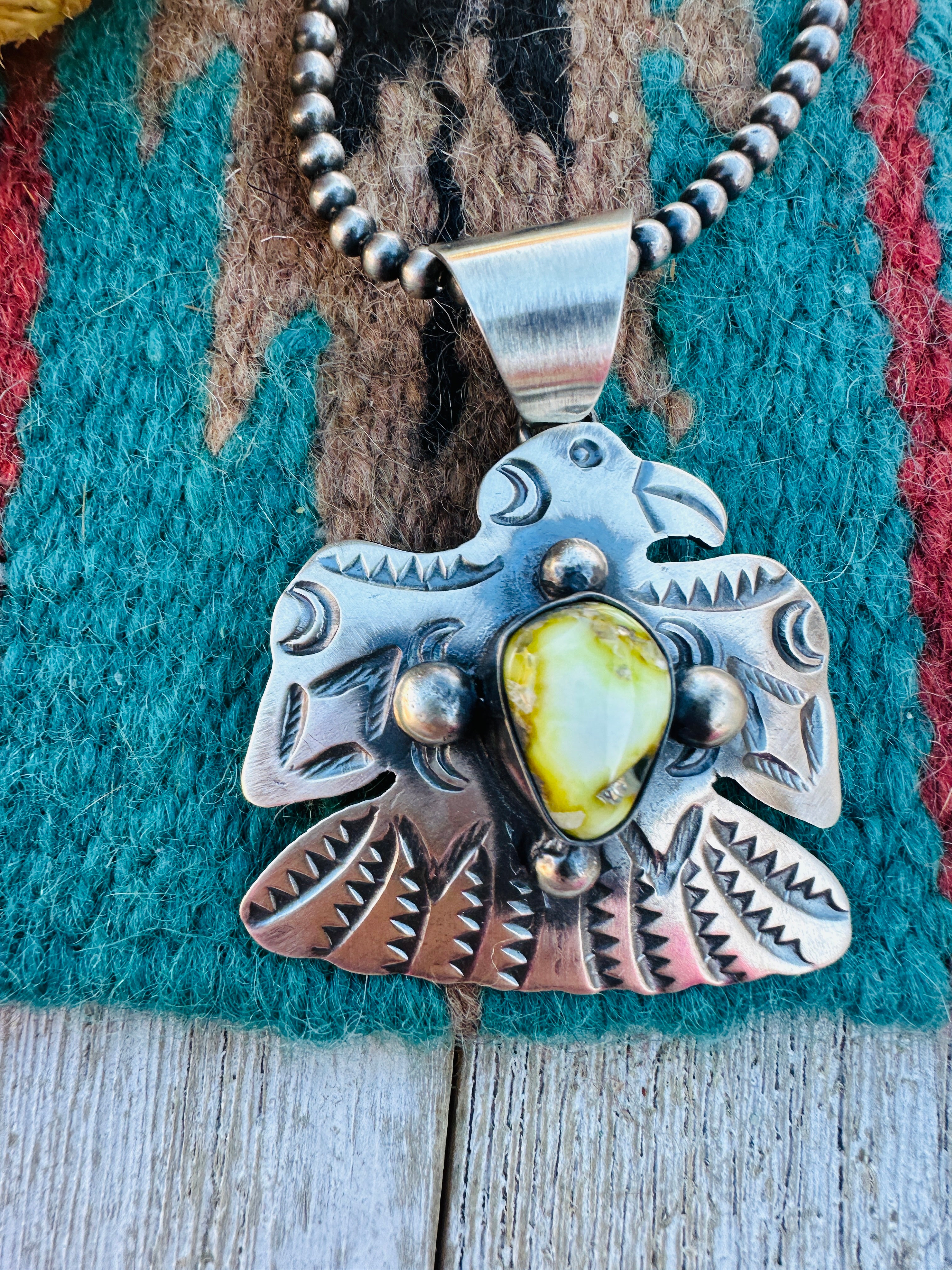 Handcrafted Sterling Silver & Palomino Turquoise Thunderbird Pendant by Chimney Butte