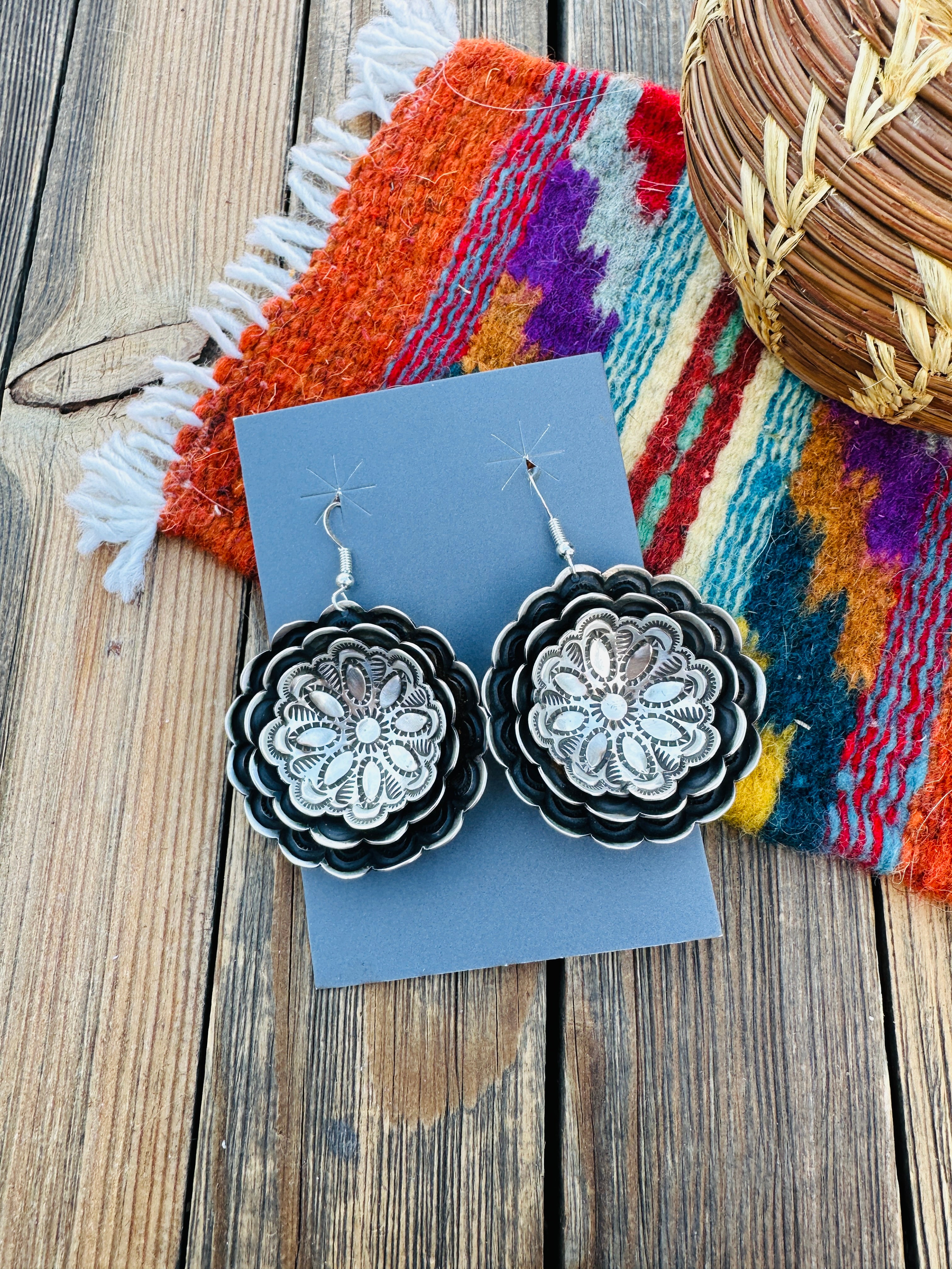 Handcrafted Sterling Silver Concho Dangle Earrings by Leander Tahe