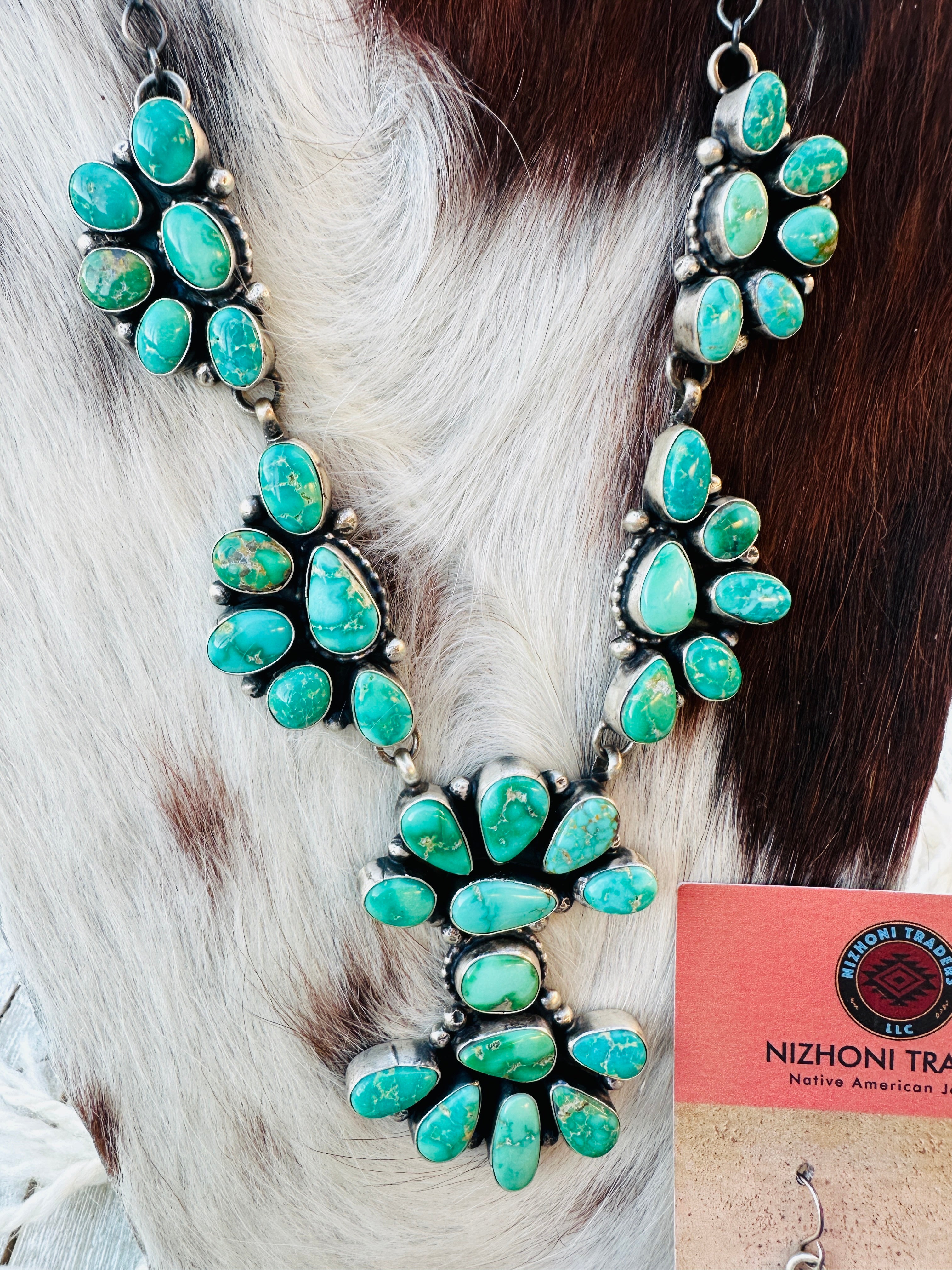 Handcrafted Emerald Valley Turquoise & Sterling Silver Necklace and Earring Set by Sheila Becenti