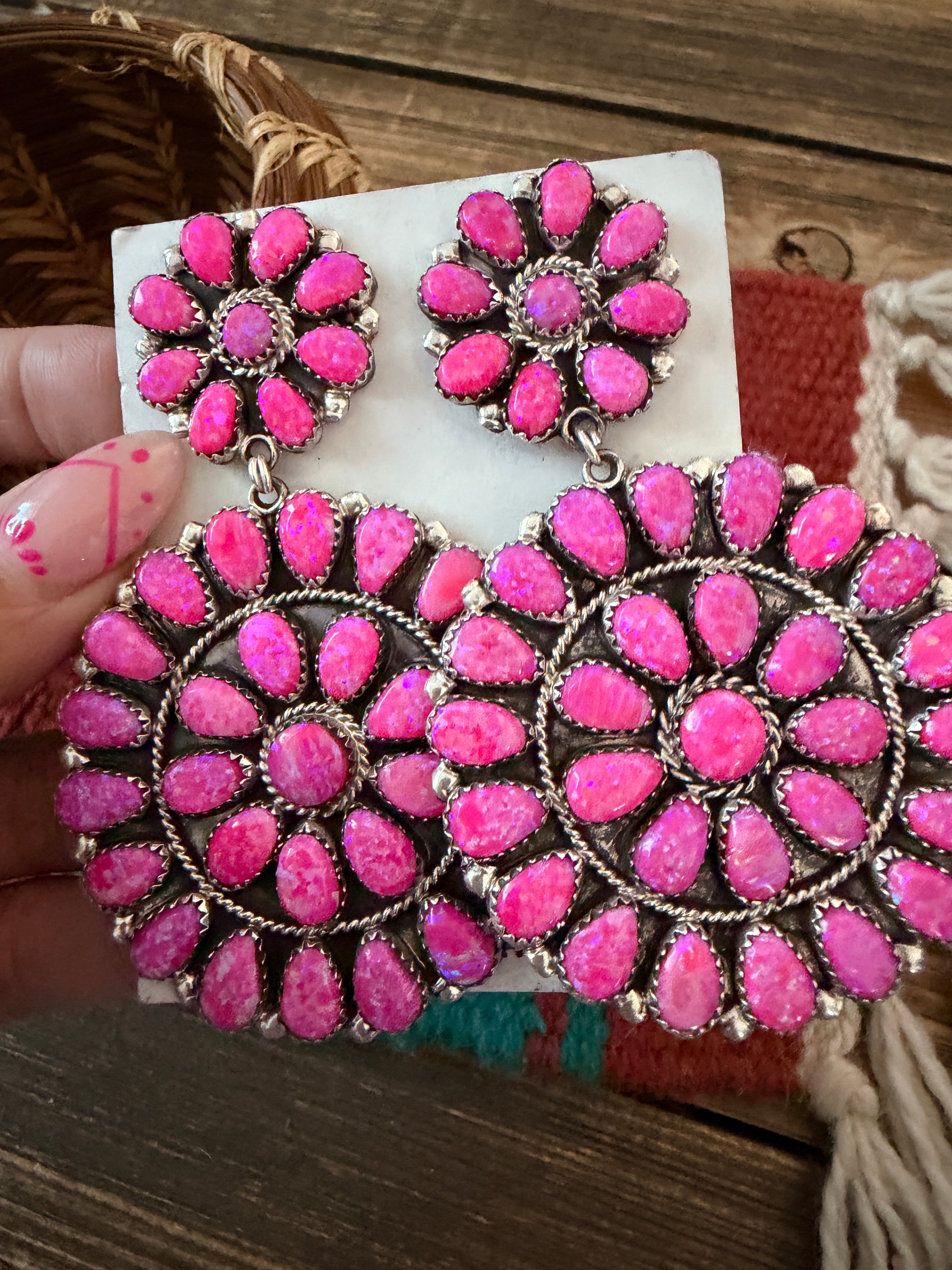 Handcrafted Pink Opal & Sterling Silver Cluster Dangle Earrings by Danny L. Wauneka