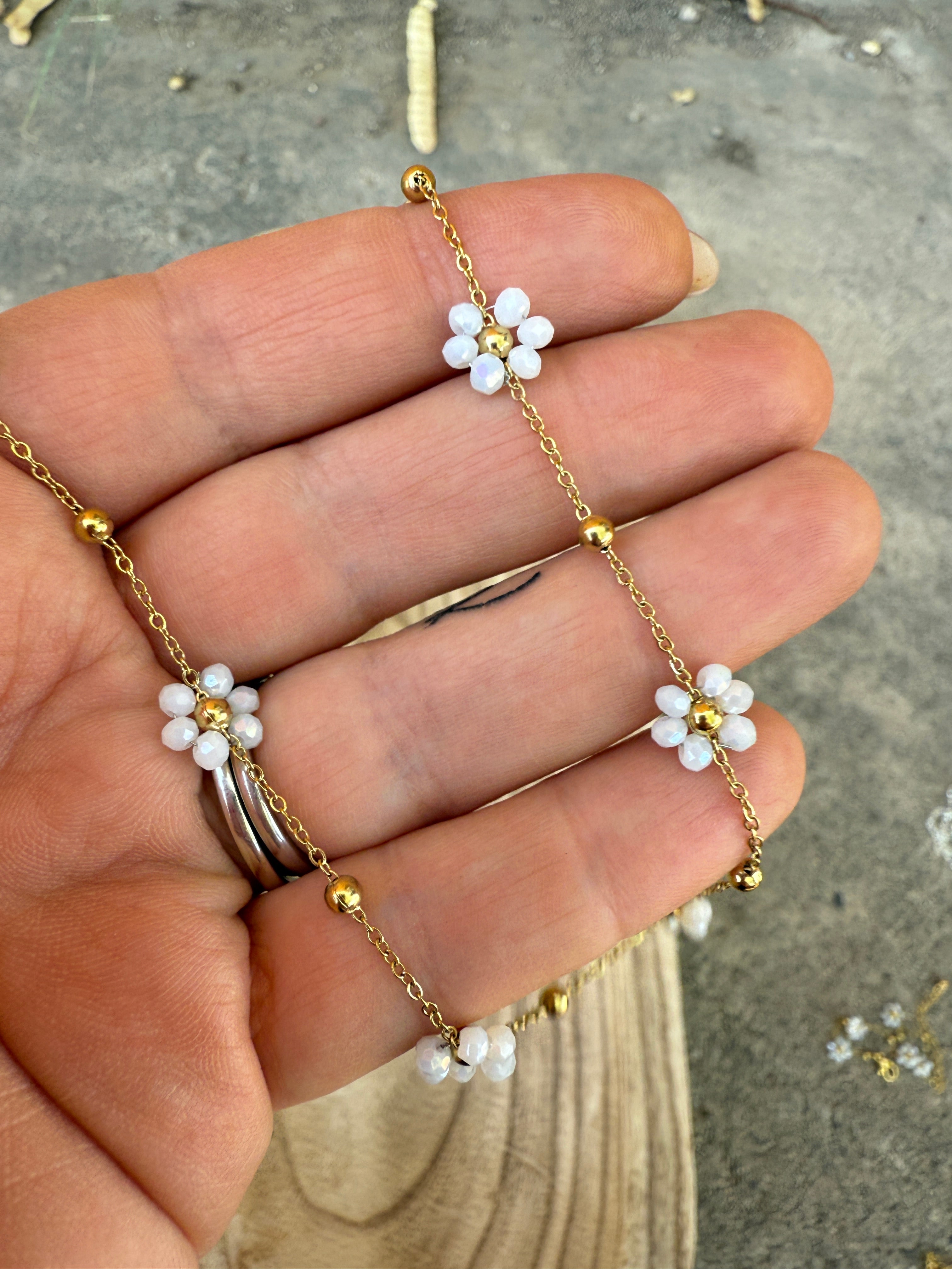 “The Golden Collection” Handmade White Beaded Plated Flower Bracelet