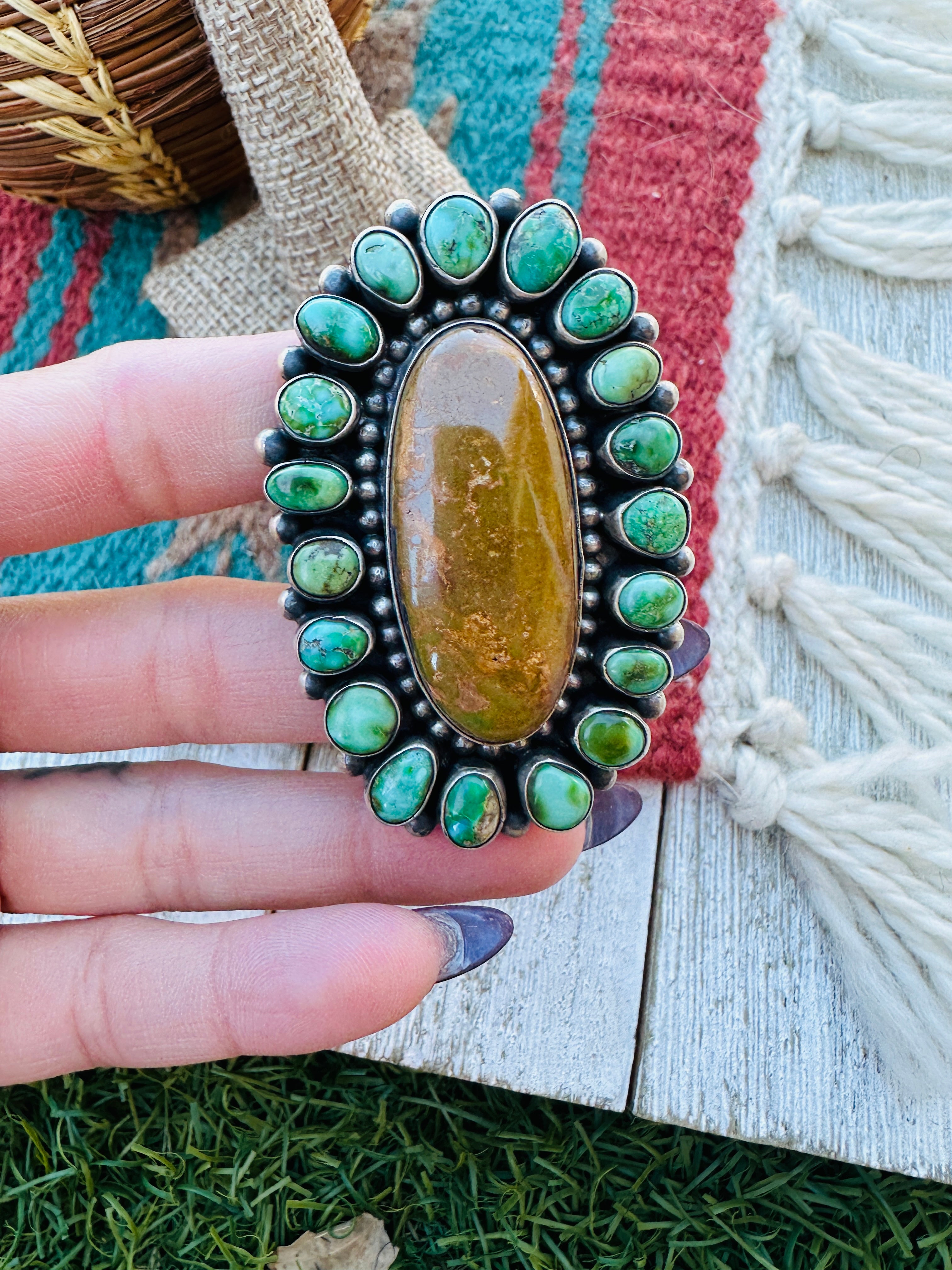 Handcrafted Royston Turquoise & Sterling Silver Cluster Ring Size 7 by Blaine Yellowhorse