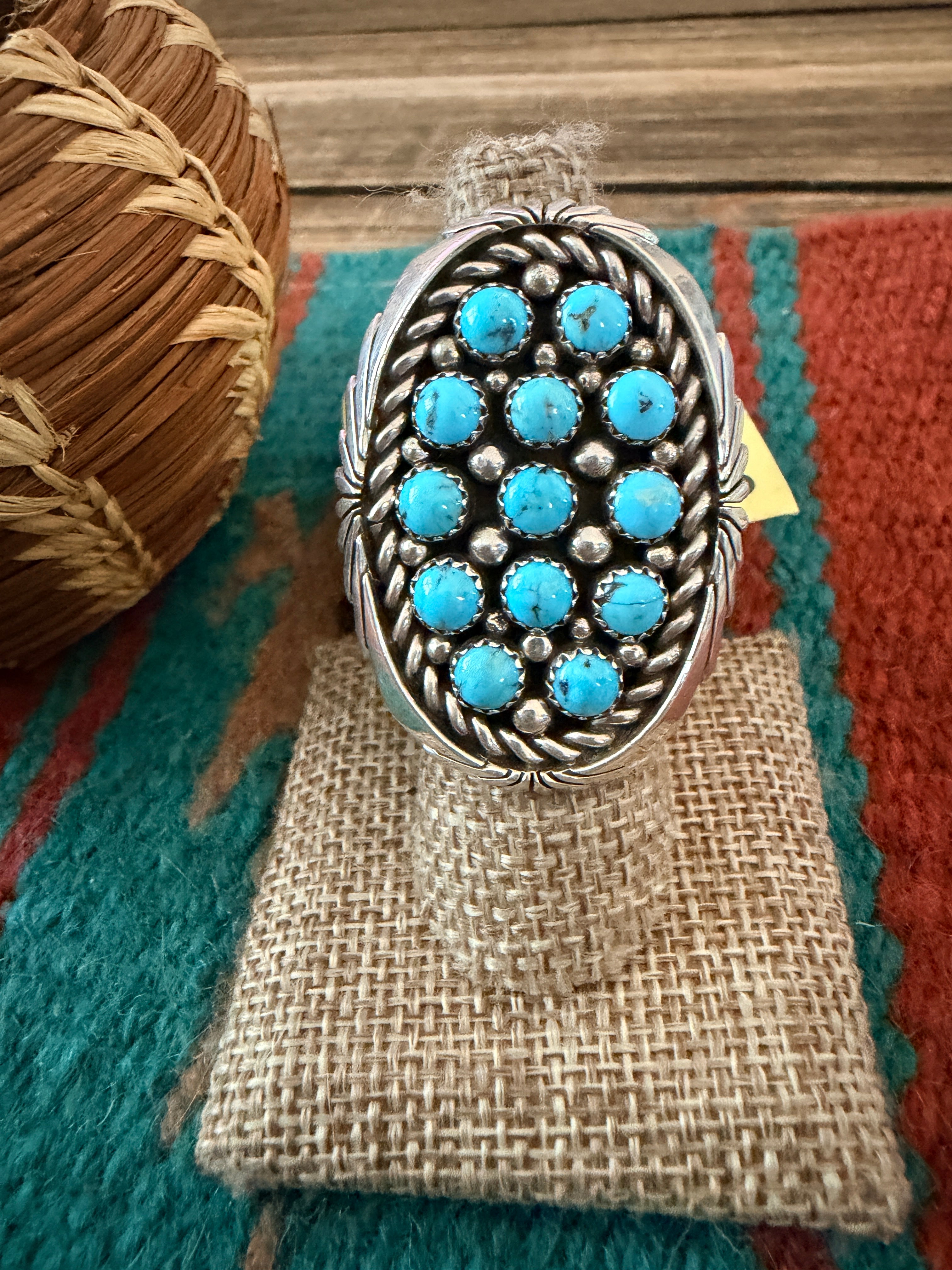 Old Pawn Handcrafted Turquoise & Sterling Silver Cluster Adjustable Ring