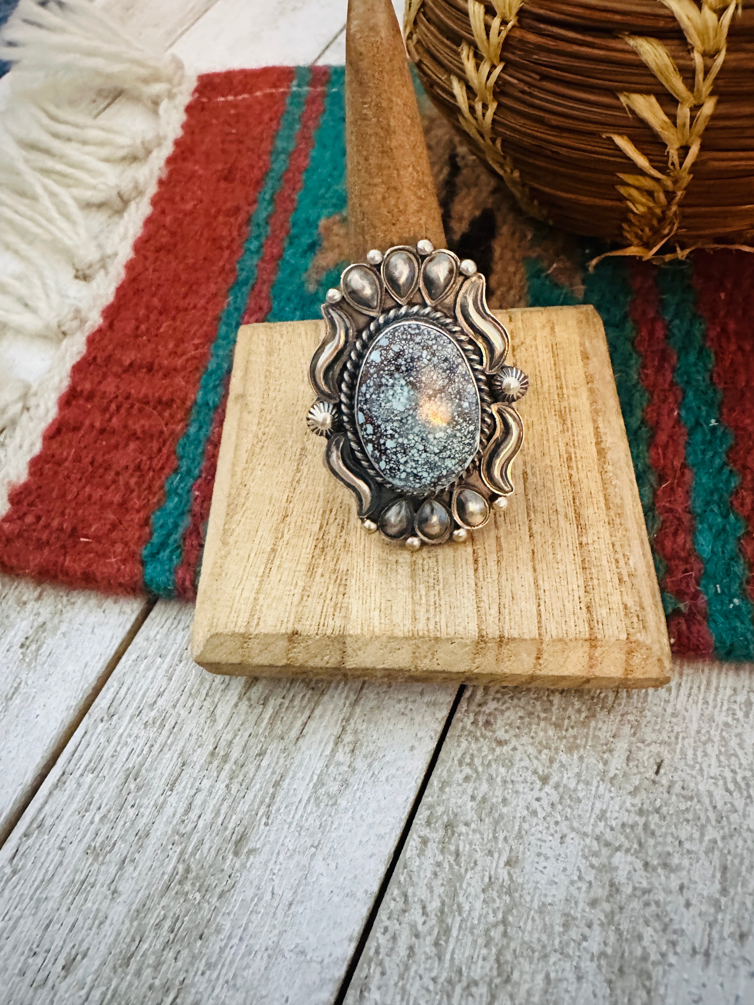 Navajo Kingman Web Turquoise & Sterling Silver Ring Size 10.5