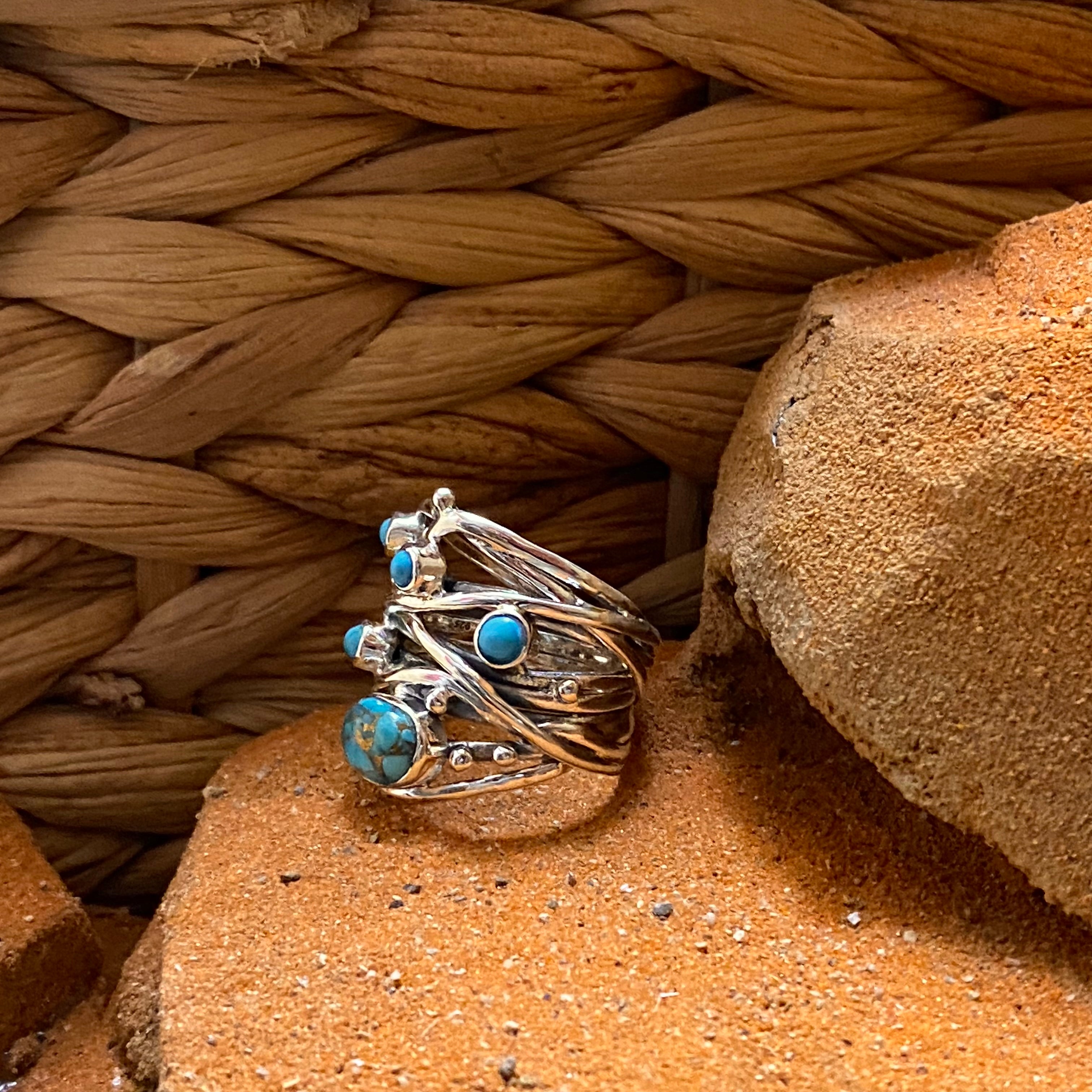 Sterling Silver Five Stone Copper Turquoise Strand Ring Size 9.5