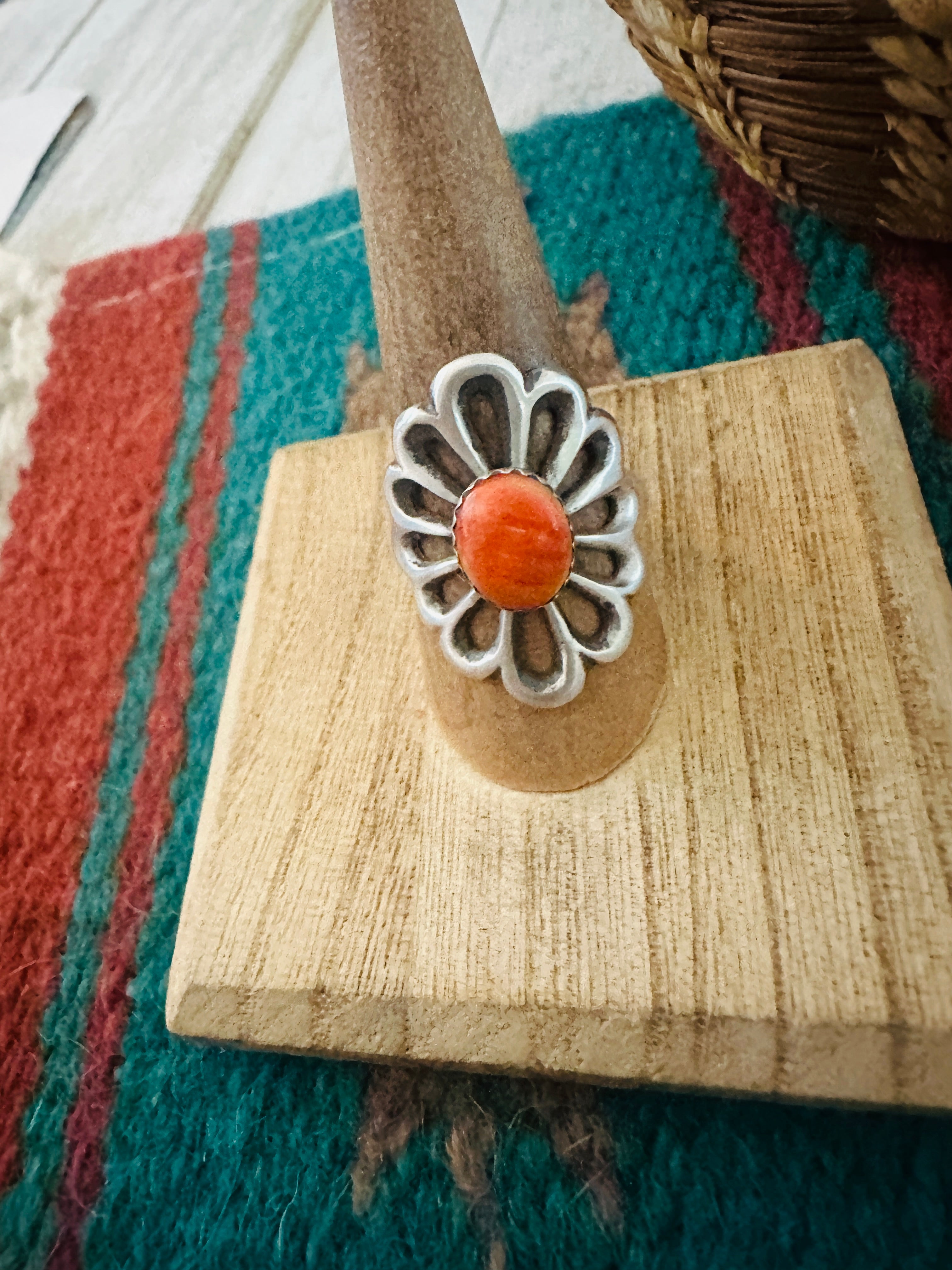 Handcrafted Sterling Silver & Orange Spiny Flower Ring