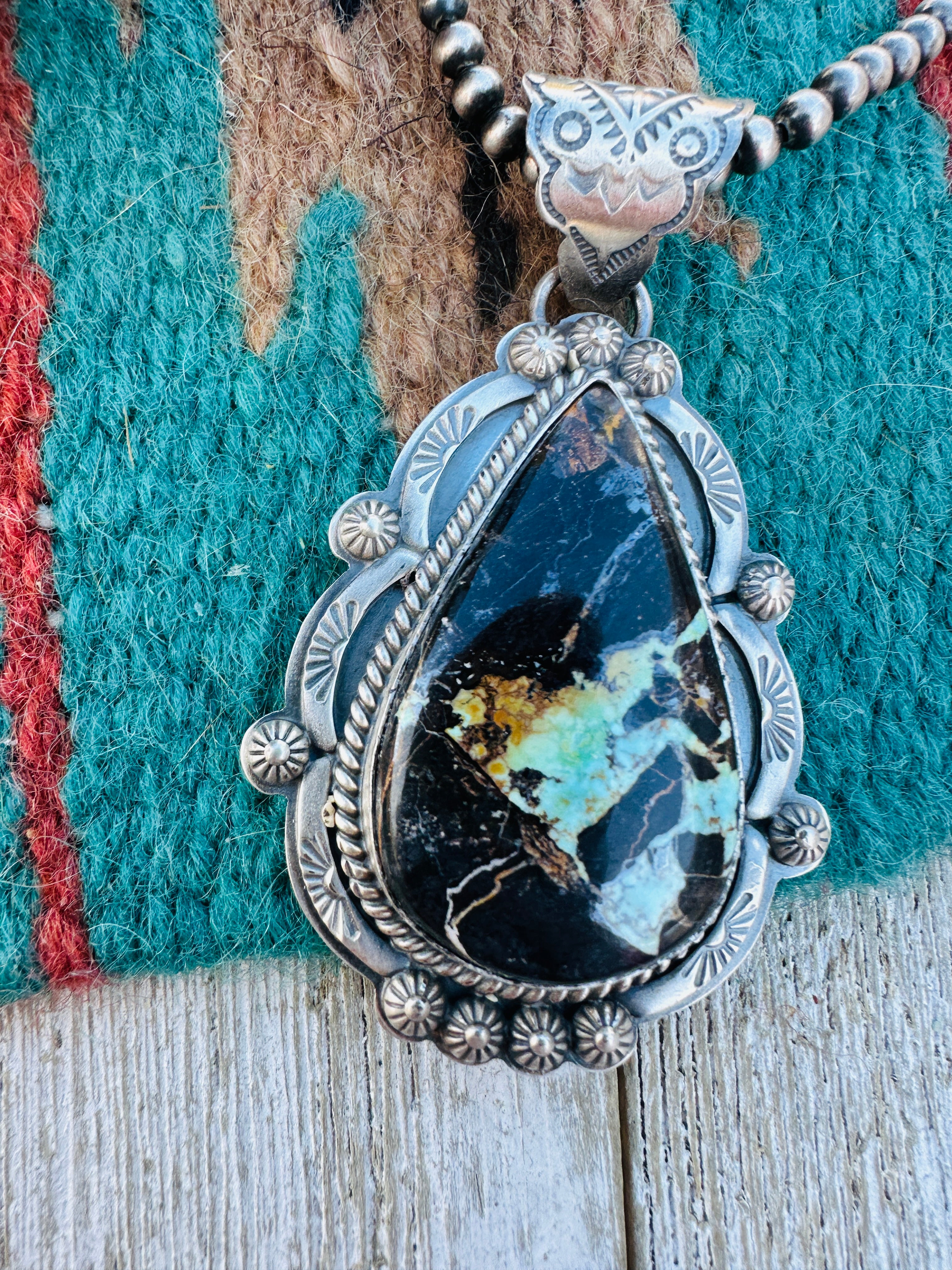 Handcrafted Sterling Silver & Blackjack Turquoise Pendant