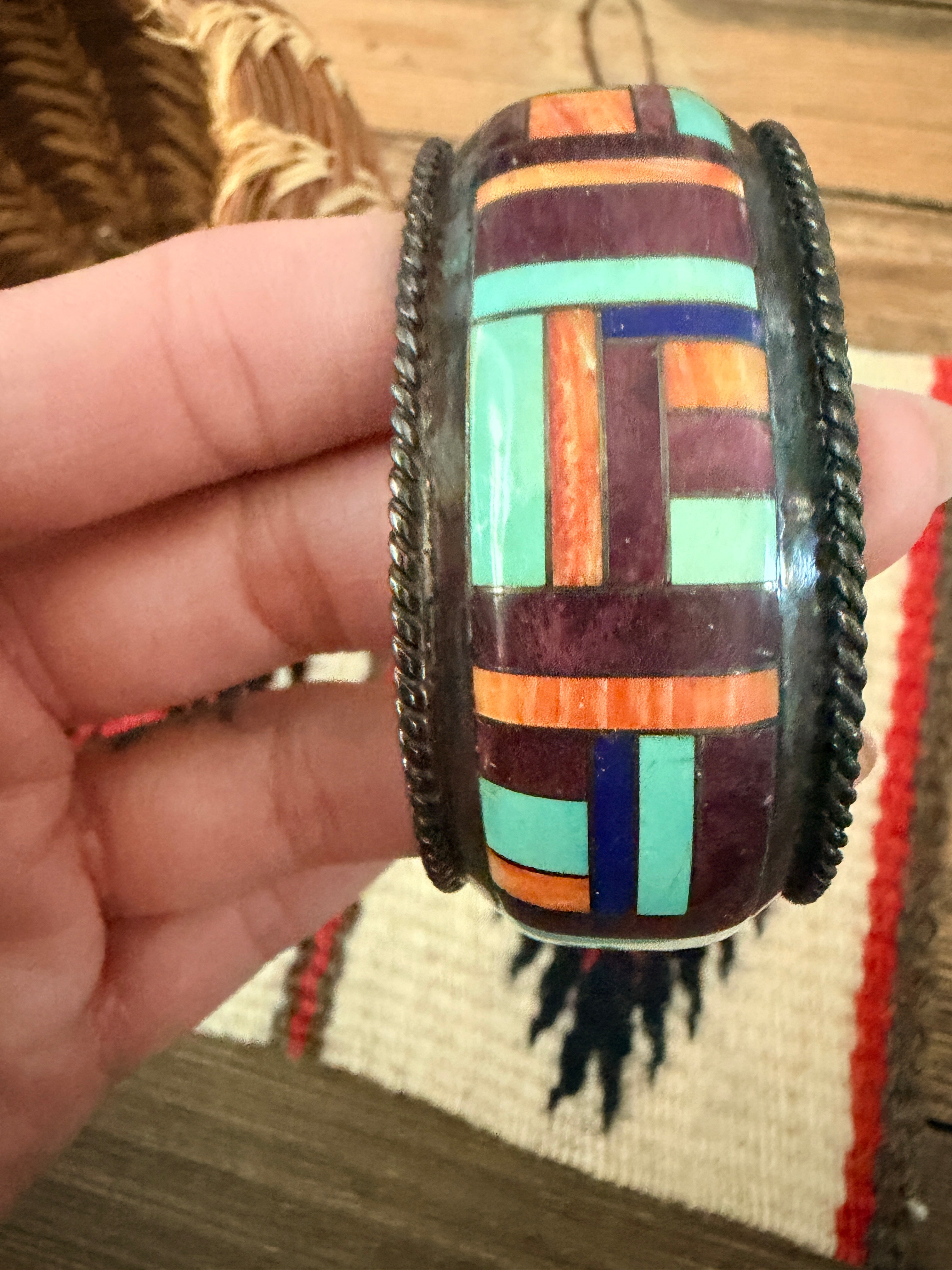 Handcrafted Old Pawn Sterling Silver & Multi Stone Inlay Cuff Bracelet