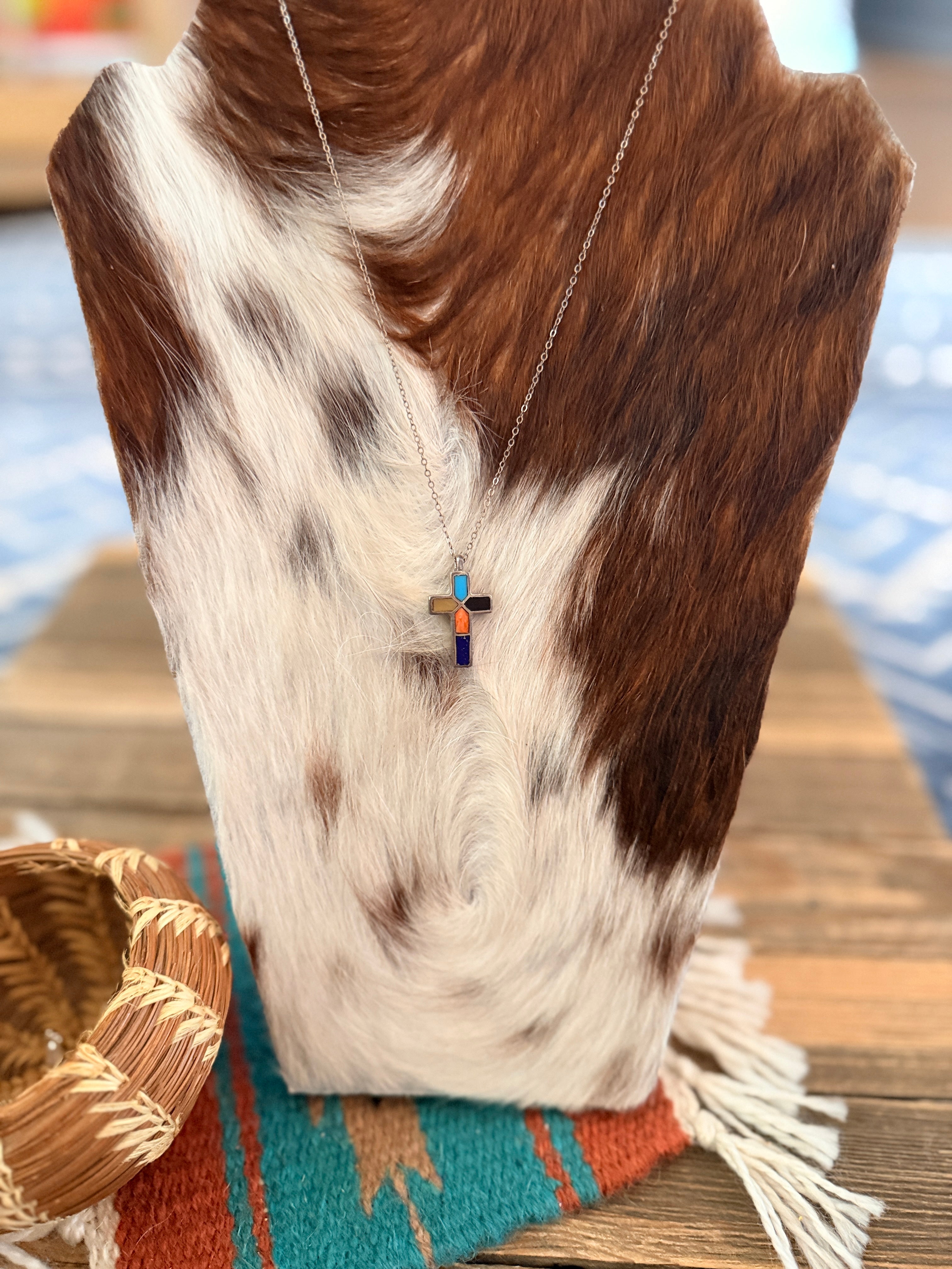 Old Pawn Handcrafted Sterling Silver and Multi Stone Inlay Cross Necklace