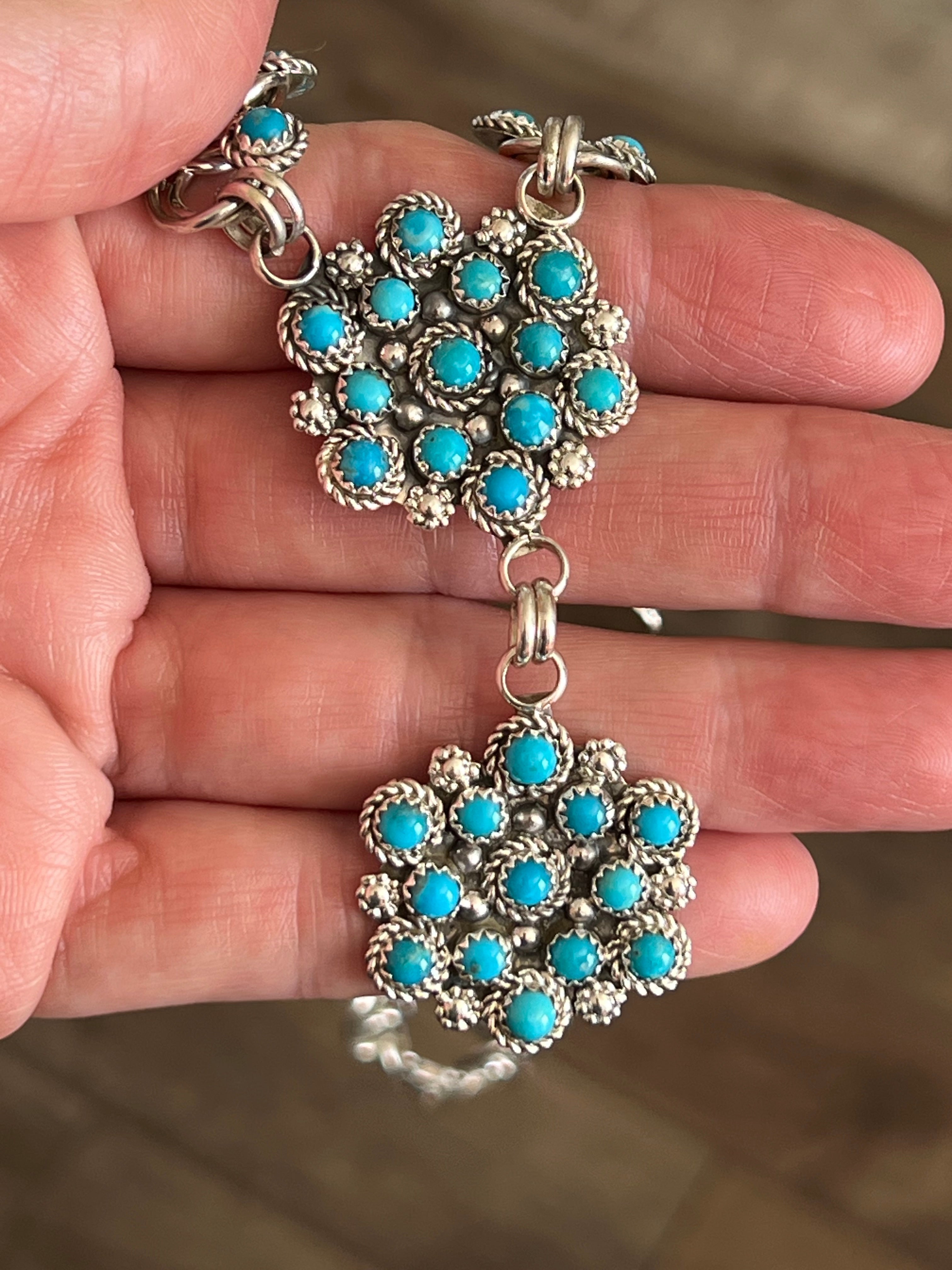 Handcrafted Sterling and Snake Eye Turquoise Link and Cluster Necklace by Dillon Cheama